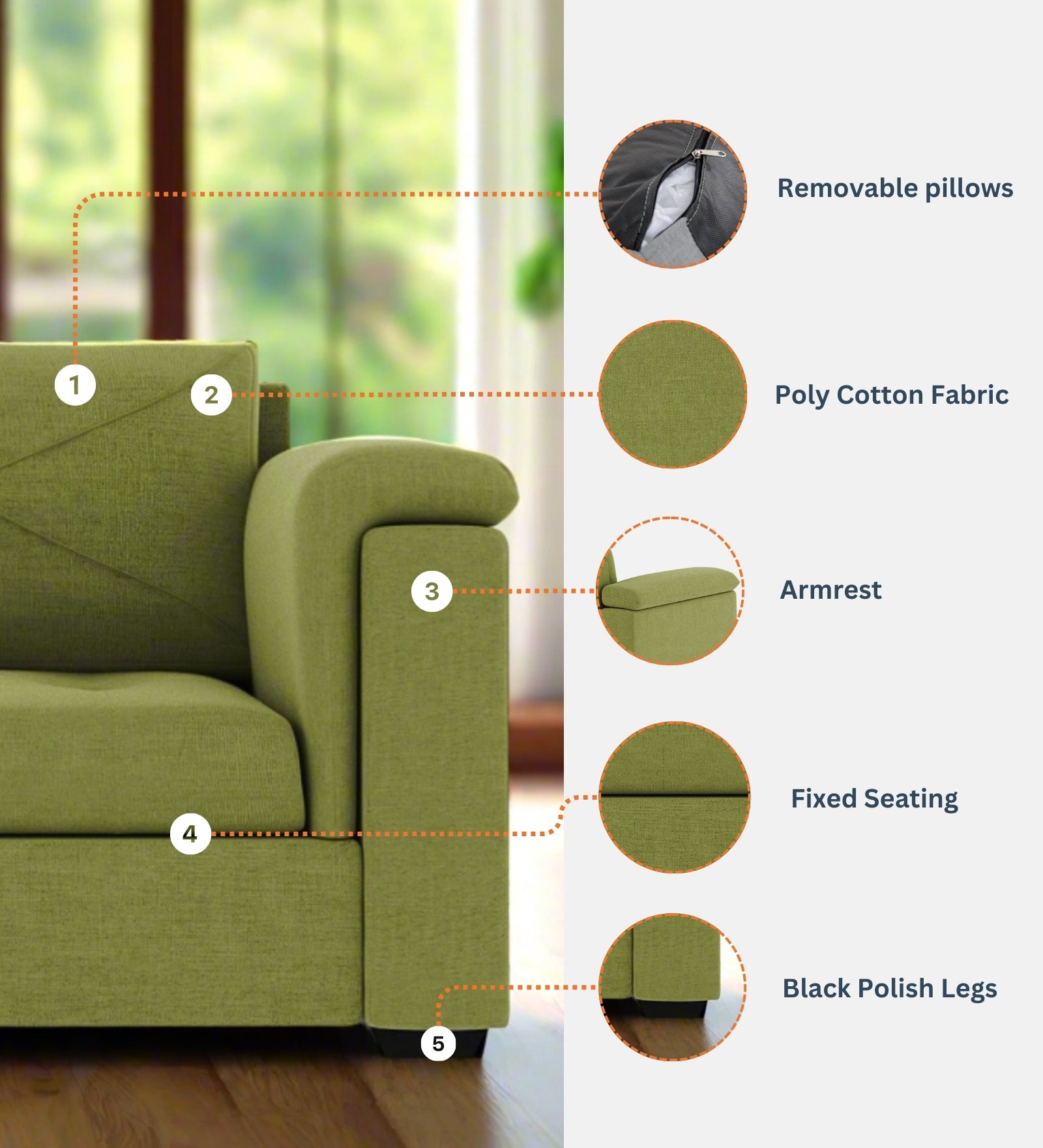 Andres Fabric 1 Seater Sofa In Coco Brown Colour - Febonic Living