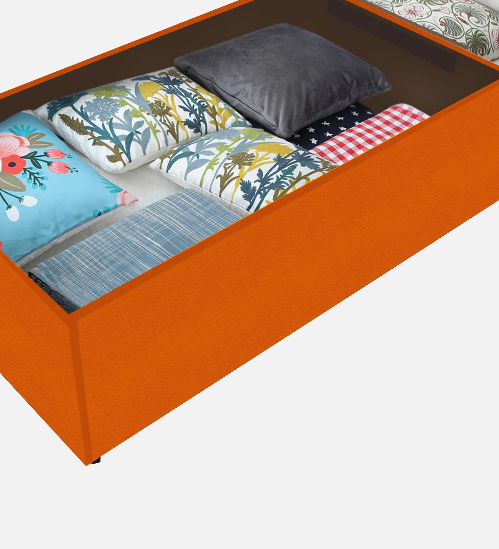 Lido Fabric Queen Size Bed In Vivid Orange Colour With Drawer Storage - Febonic Living