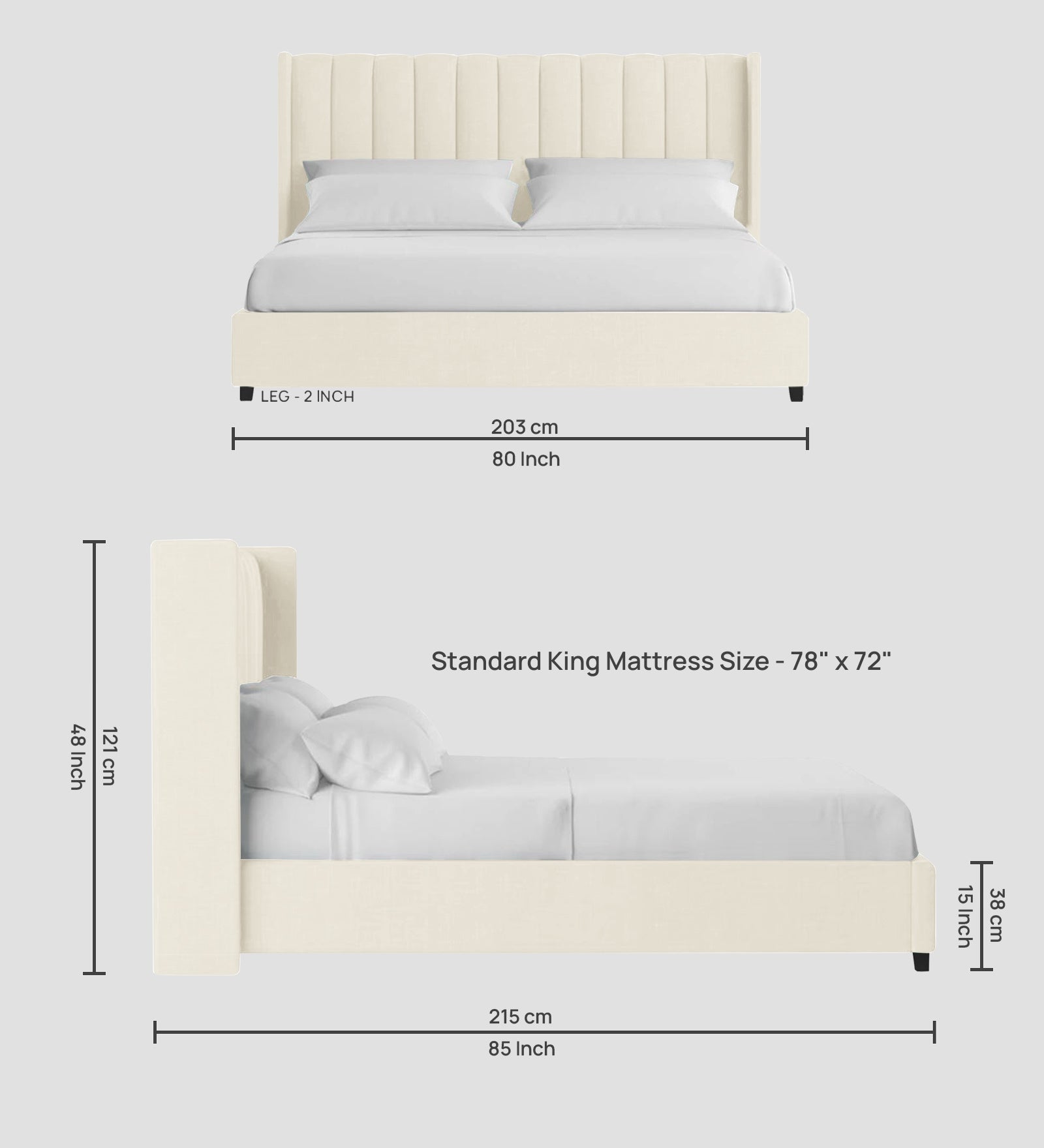 Colina Fabric King Size Bed In Ivory Cream Colour With Box Storage - Febonic Living