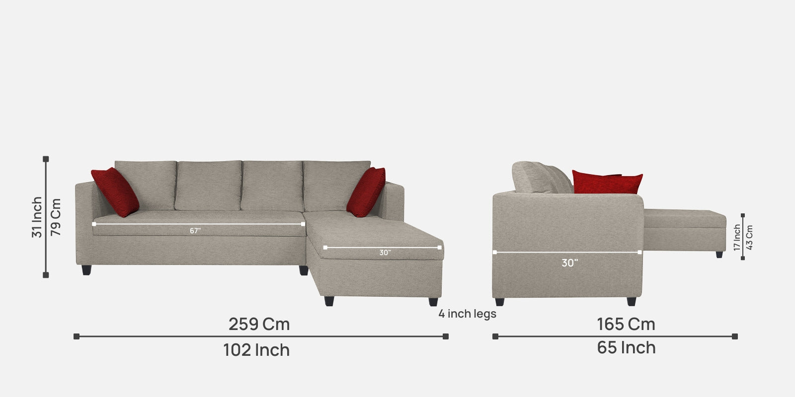 Nebula Fabric LHS Sectional Sofa (3+Lounger) In Ash Grey Colour - Febonic Living