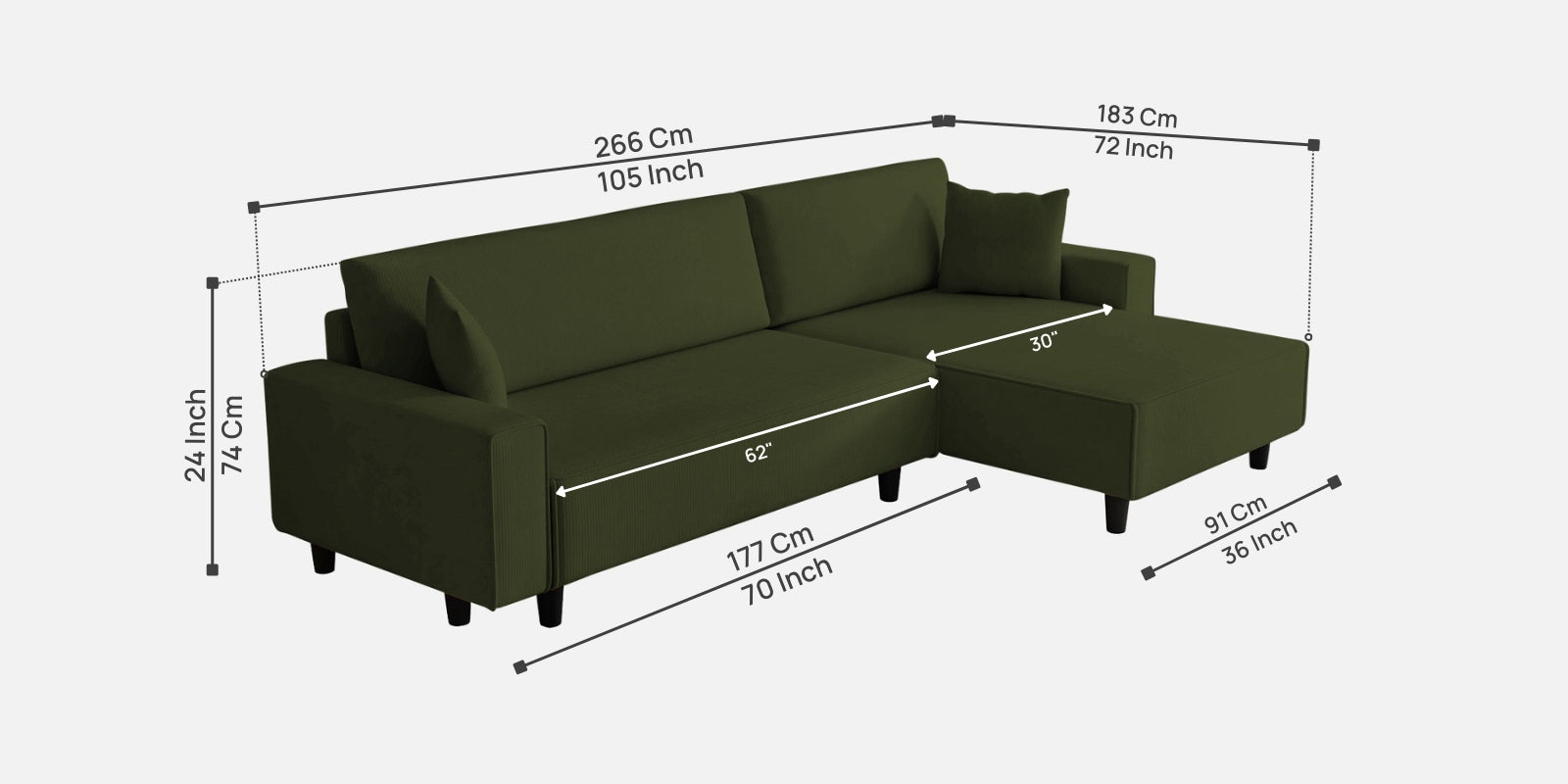 Peach Fabric LHS 6 Seater Sofa Cum Bed With Storage In Olive Green Colour - Febonic Living