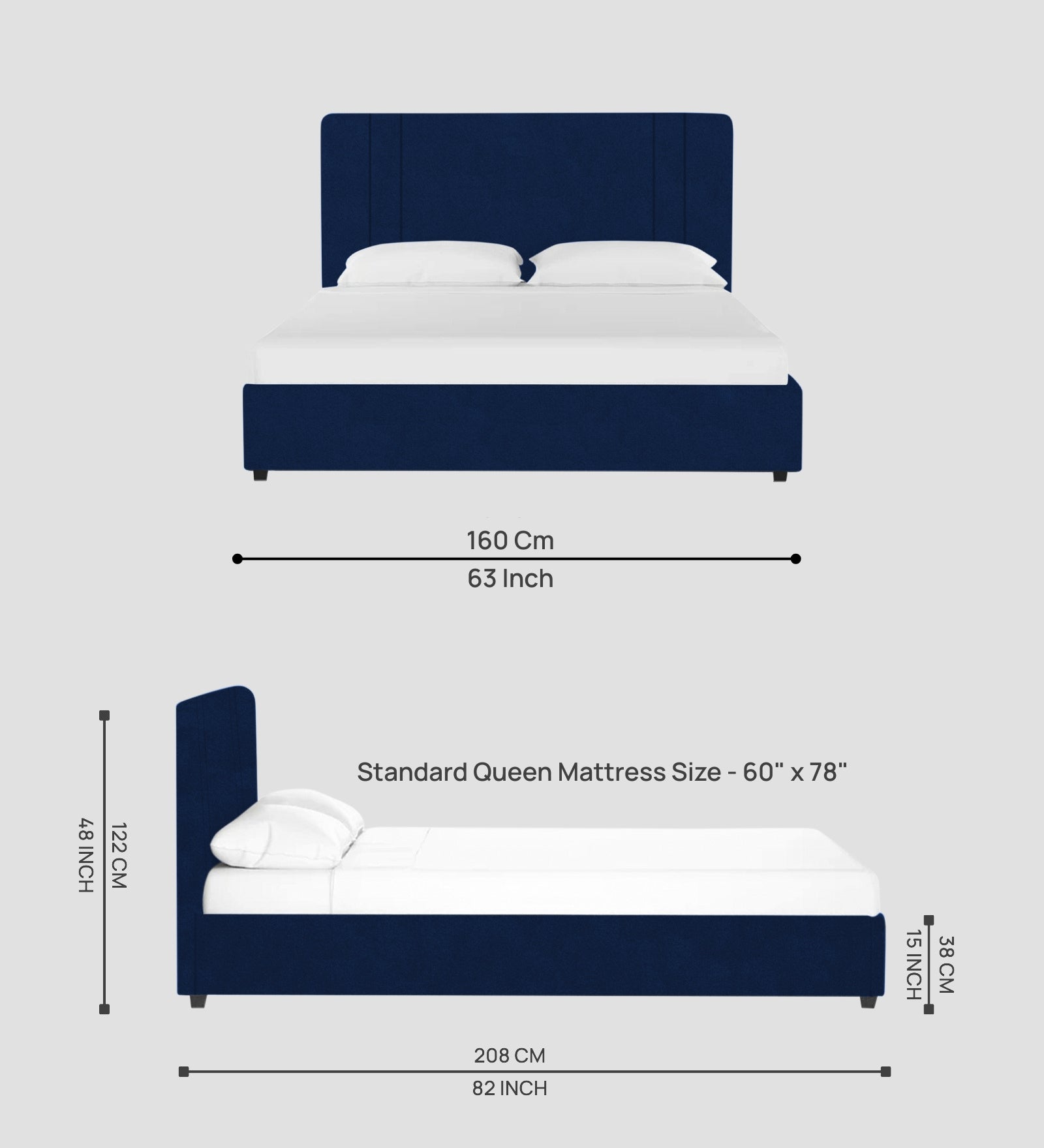 Asyra Velvet Queen Size Bed in Imperial Blue Colour With Box Storage - Febonic Living