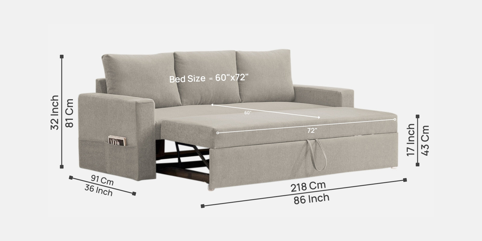 Kara Fabric 3 Seater Pull Out Sofa Cum Bed In Ash Grey Colour - Febonic Living