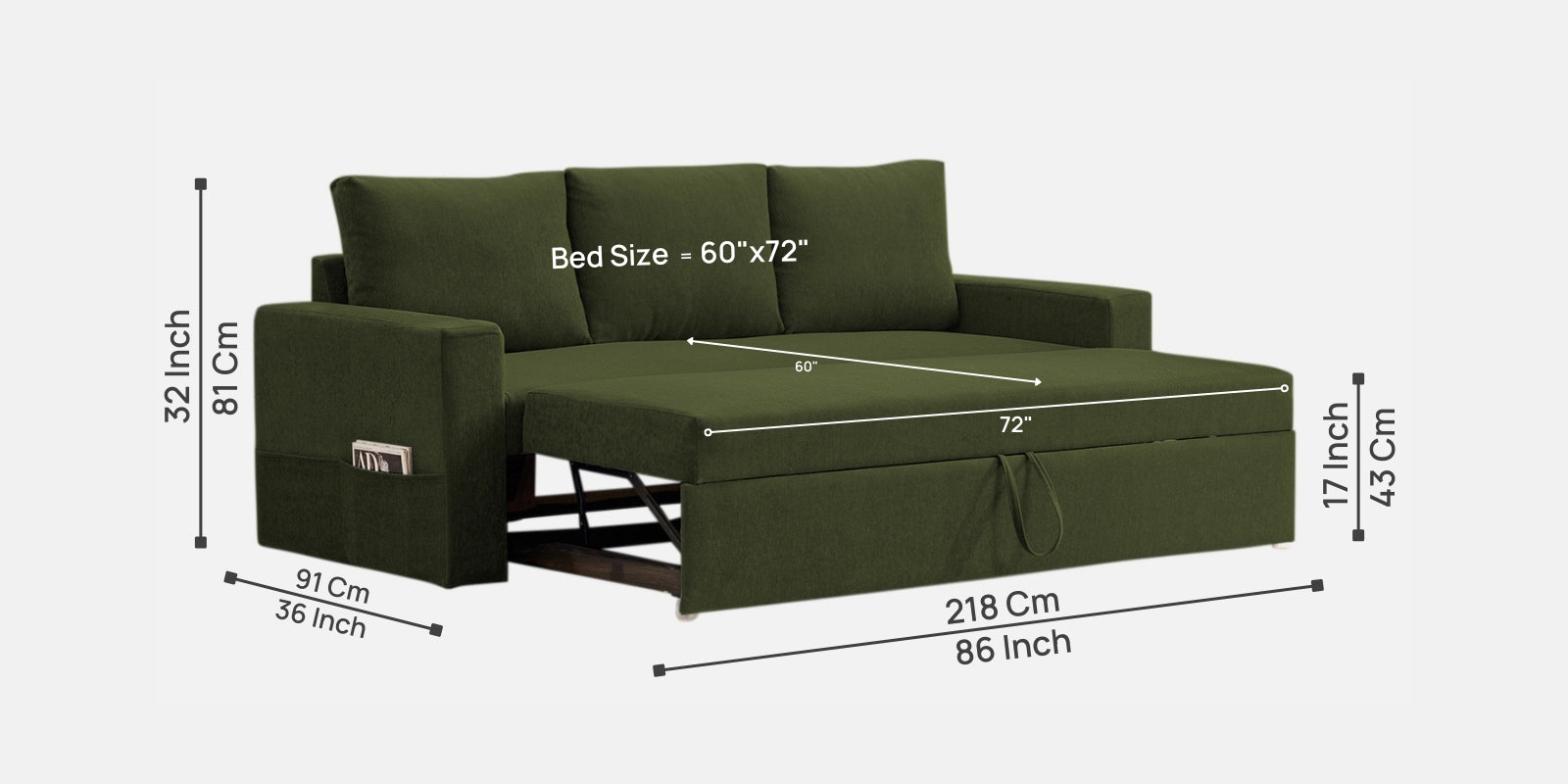 Kara Fabric 3 Seater Pull Out Sofa Cum Bed In Olive Green Colour - Febonic Living