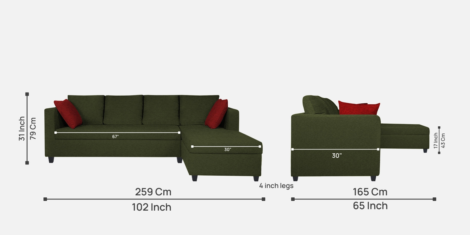Nebula Fabric LHS Sectional Sofa (3+Lounger) In Olive Green Colour - Febonic Living