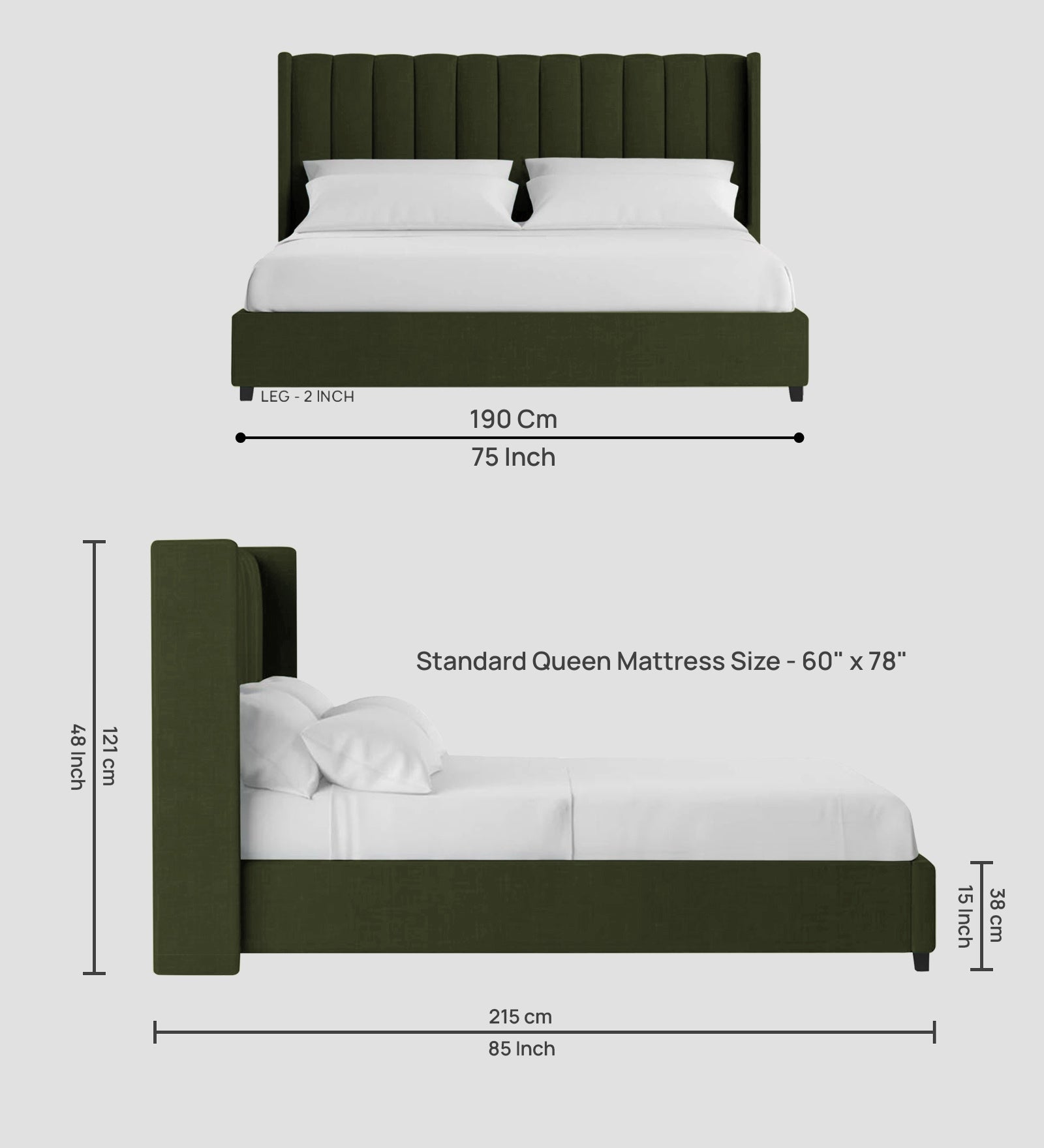 Colina Fabric Queen Size Bed In Olive Green Colour With Box Storage - Febonic Living