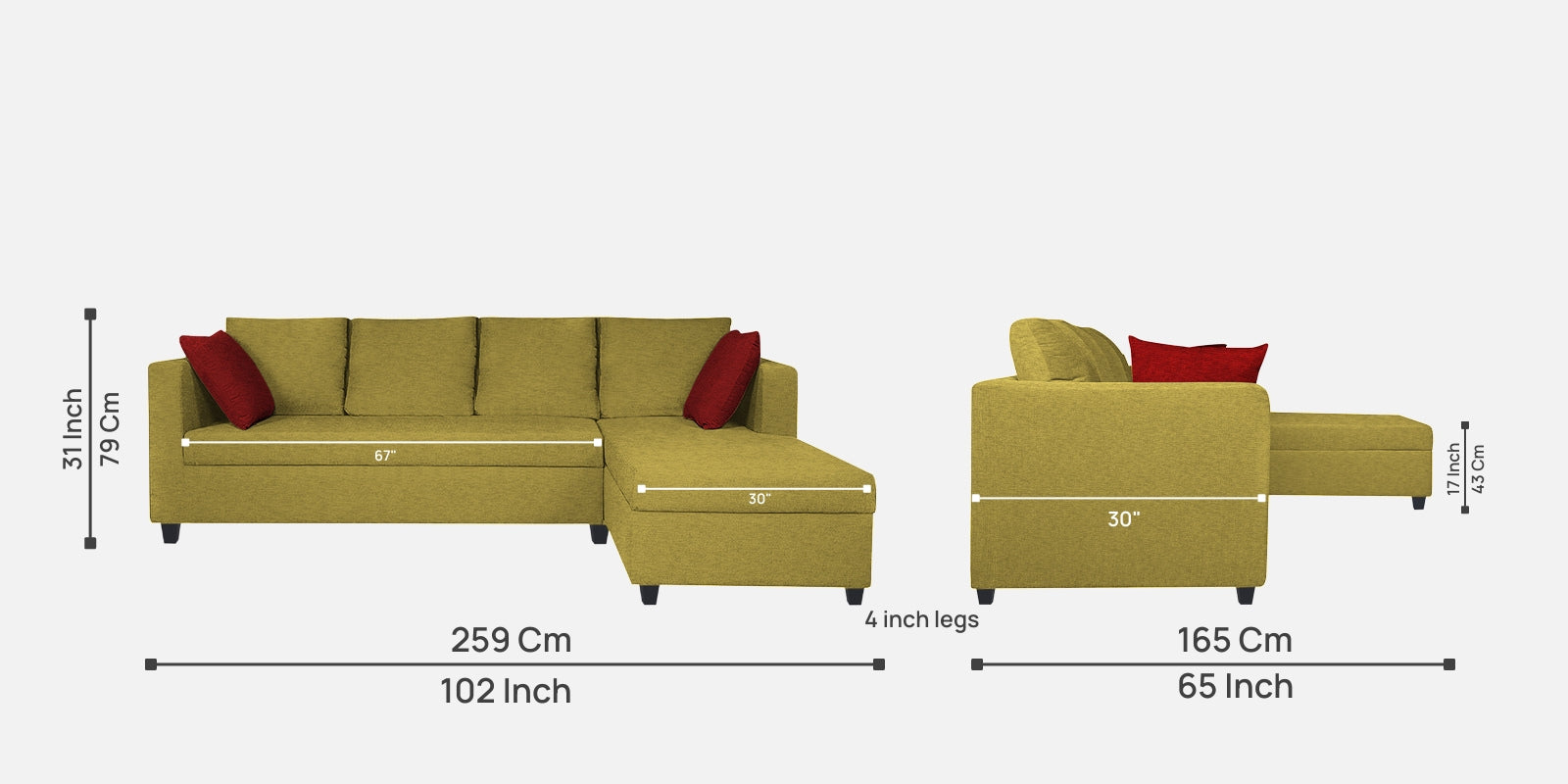Nebula Fabric LHS Sectional Sofa (3+Lounger) In Parrot Green Colour - Febonic Living