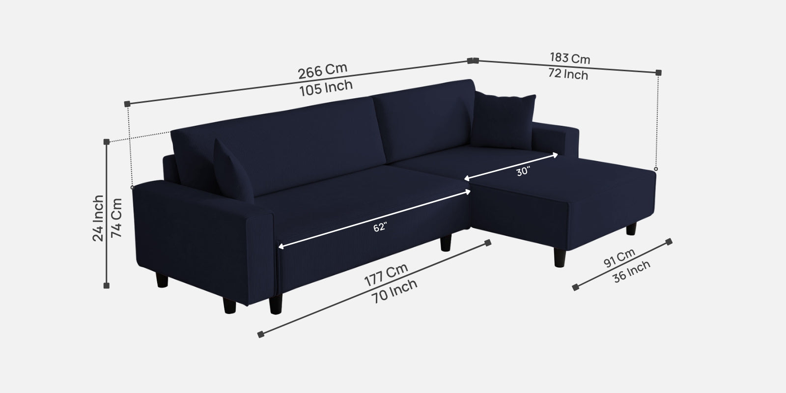Peach Fabric RHS 6 Seater Sofa Cum Bed With Storage In Royal Blue Colour - Febonic Living