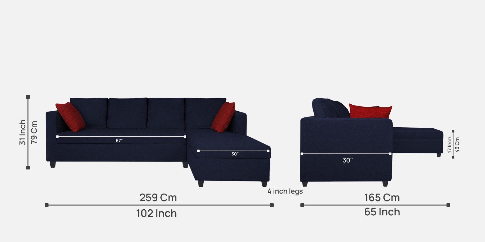 Nebula Fabric LHS Sectional Sofa (3+Lounger) In Royal Blue Colour - Febonic Living