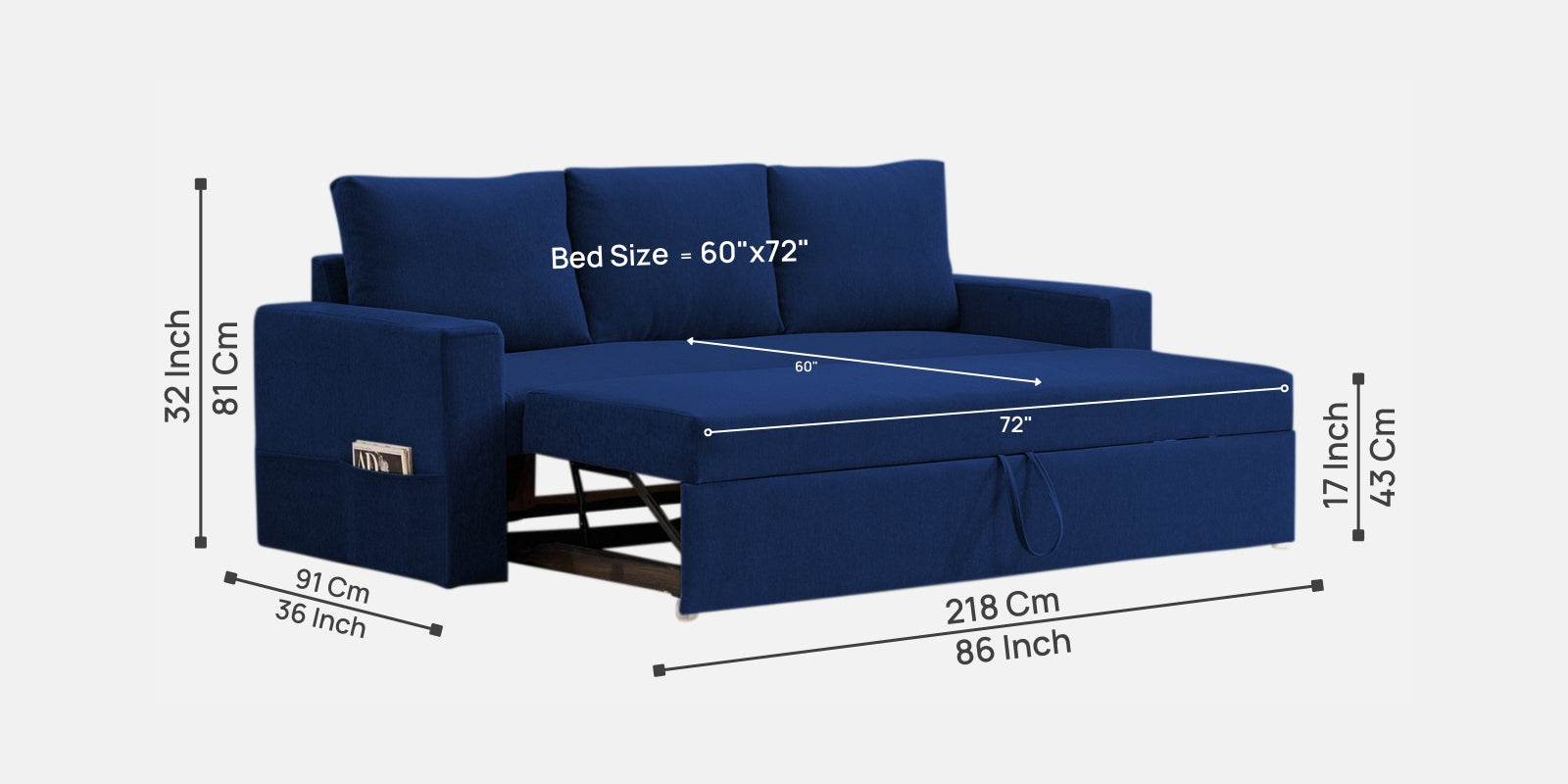 Kara Fabric 3 Seater Pull Out Sofa Cum Bed In Royal Blue Colour - Febonic Living