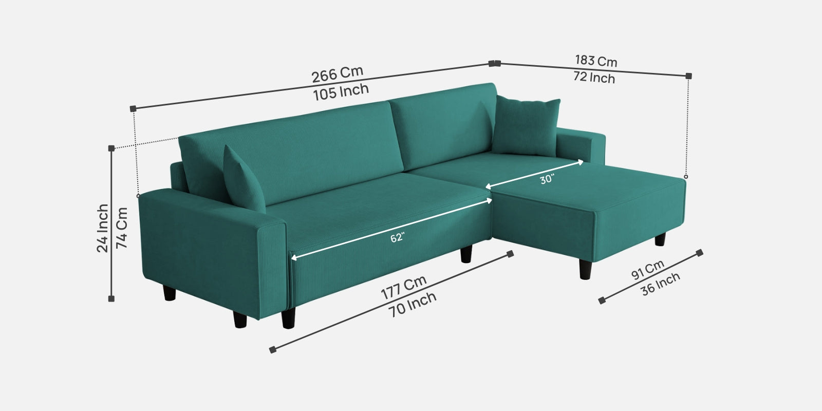 Peach Fabric LHS 6 Seater Sofa Cum Bed With Storage In Sea Green Colour - Febonic Living
