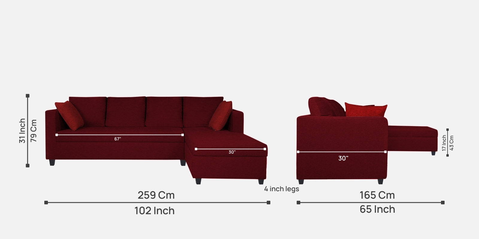 Nebula Fabric LHS Sectional Sofa (3+Lounger) In Ruby Red Colour - Febonic Living