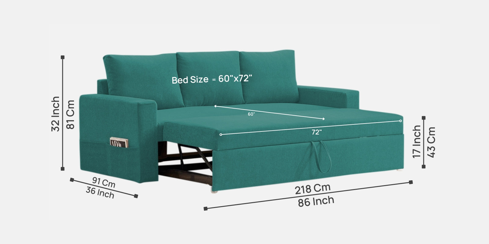 Kara Fabric 3 Seater Pull Out Sofa Cum Bed In Sea Green Colour - Febonic Living