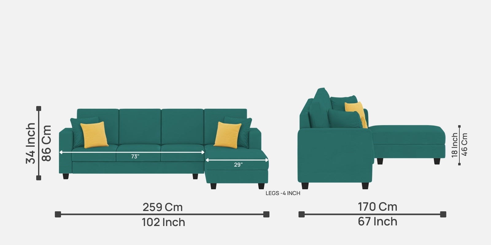 Nabi Fabric LHS Sectional Sofa (3+Lounger) In Sea Green Colour - Febonic Living