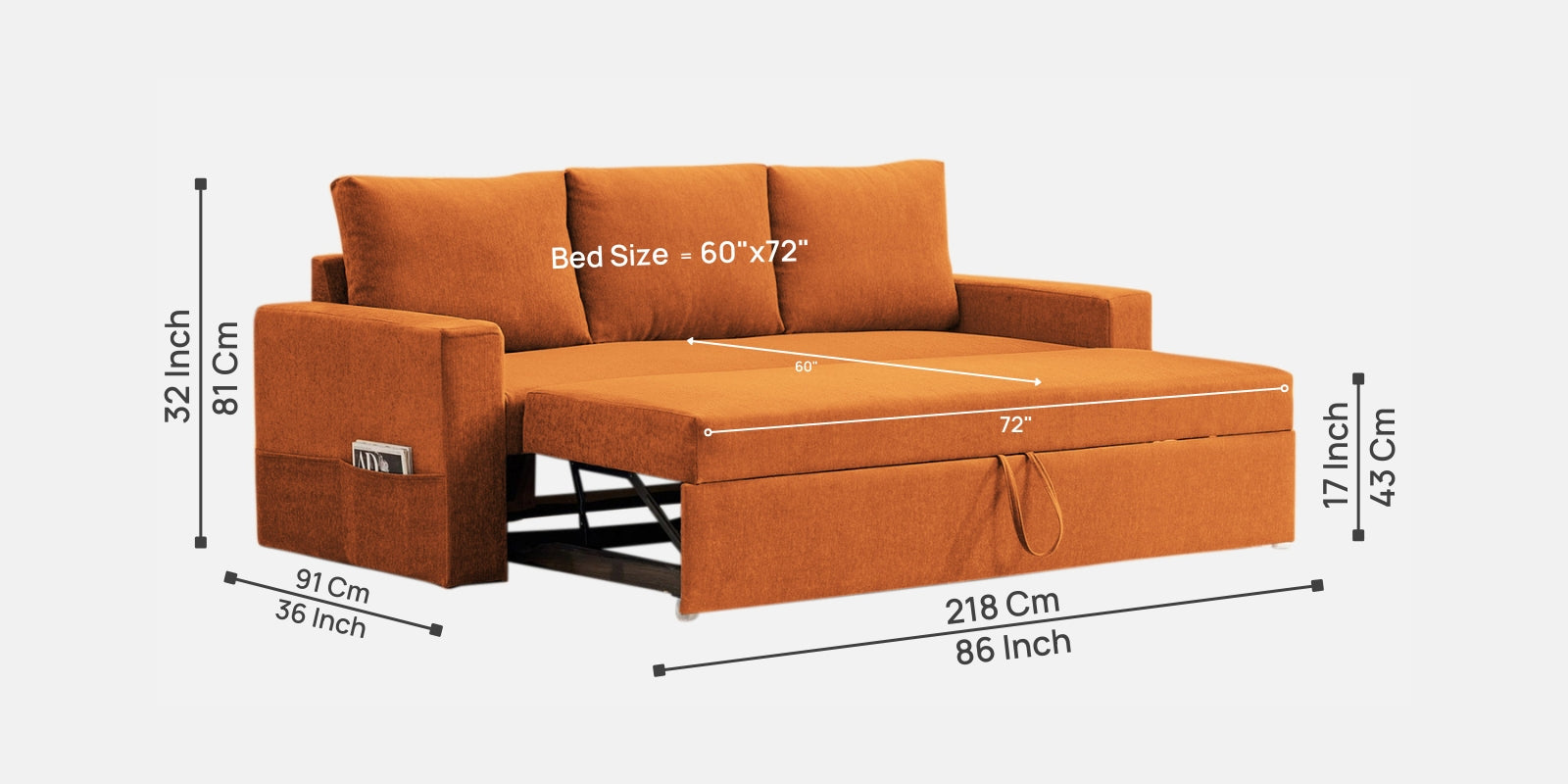 Kara Fabric 3 Seater Pull Out Sofa Cum Bed In Vivid Orange Colour - Febonic Living