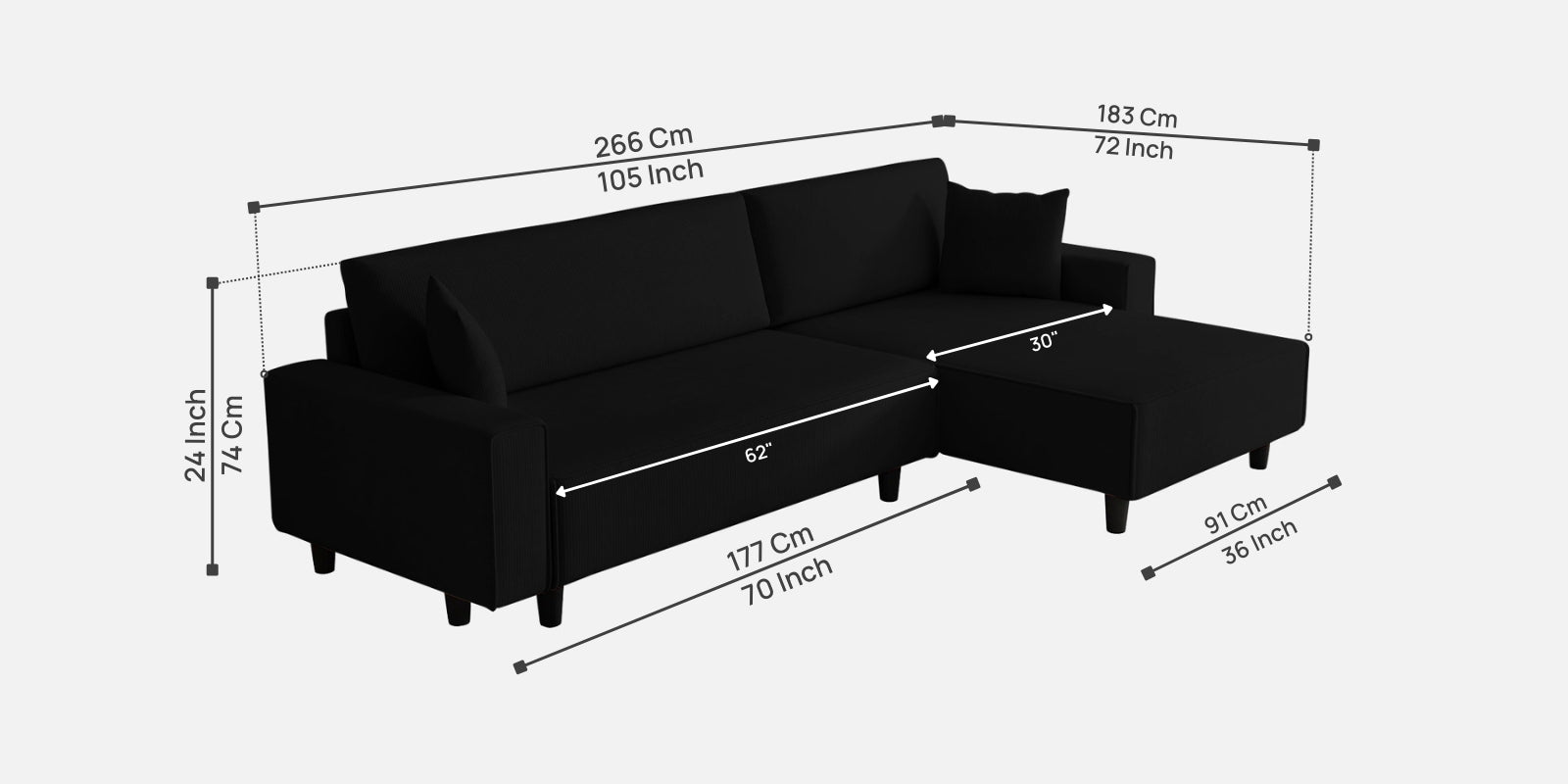 Peach Fabric LHS 6 Seater Sofa Cum Bed With Storage In Zed Black Colour - Febonic Living