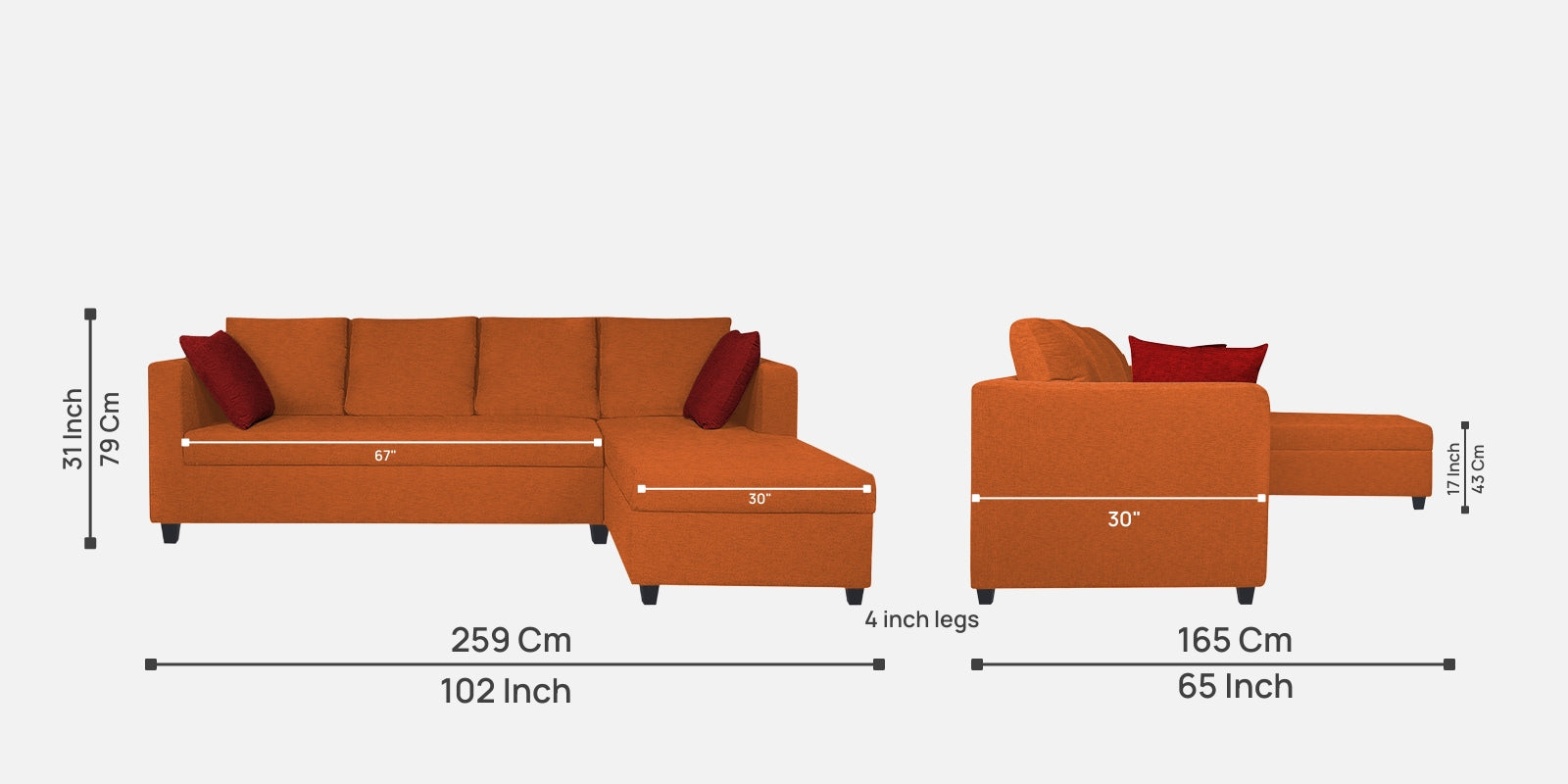 Nebula Fabric LHS Sectional Sofa (3+Lounger) In Vivid Orange Colour - Febonic Living