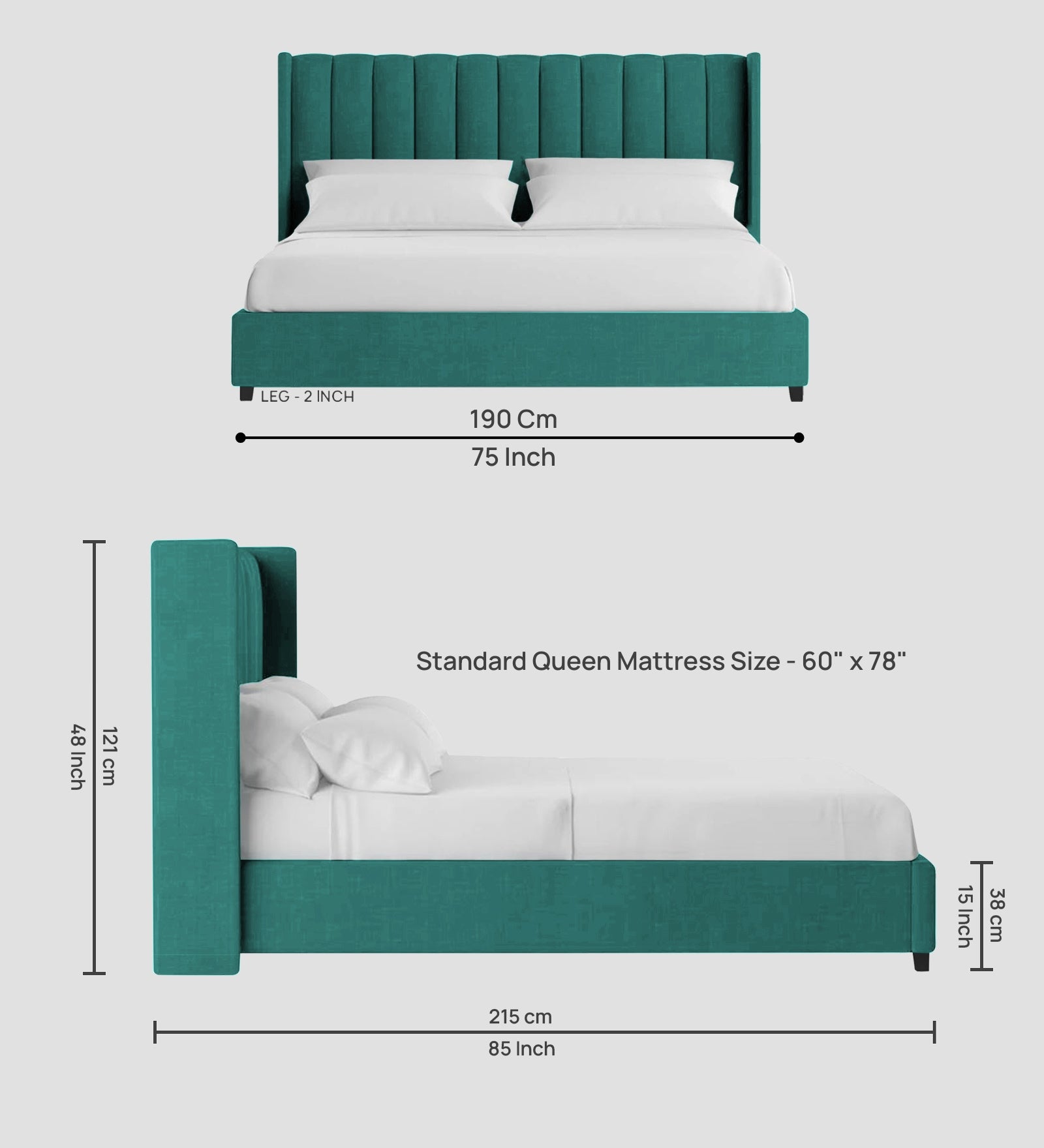Colina Fabric Queen Size Bed In Sea Green Colour With Box Storage - Febonic Living