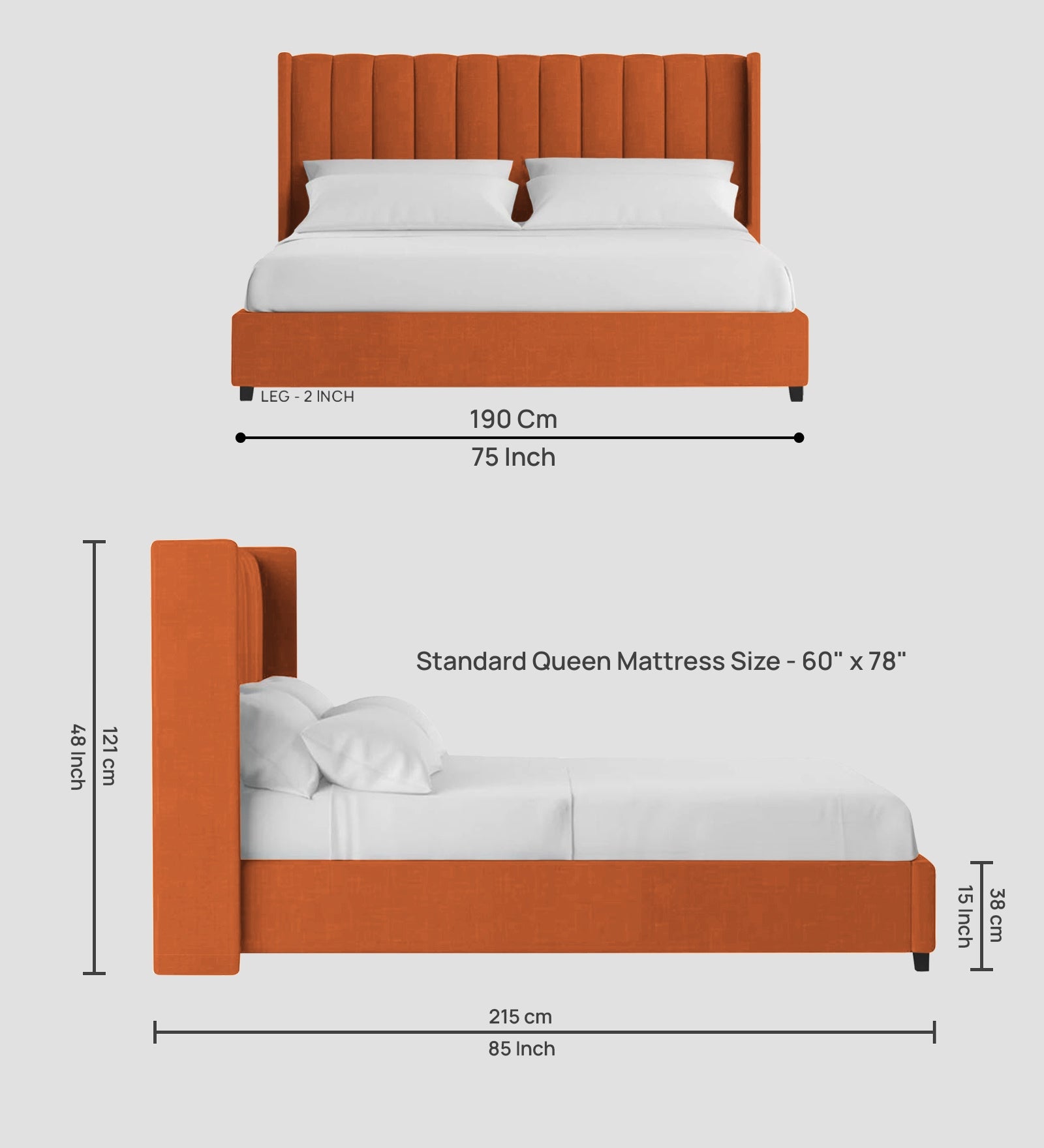 Colina Fabric Queen Size Bed In Vivid Orange Colour With Box Storage - Febonic Living