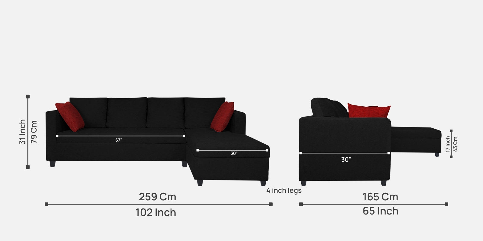 Nebula Fabric LHS Sectional Sofa (3+Lounger) In Zed Black Colour - Febonic Living