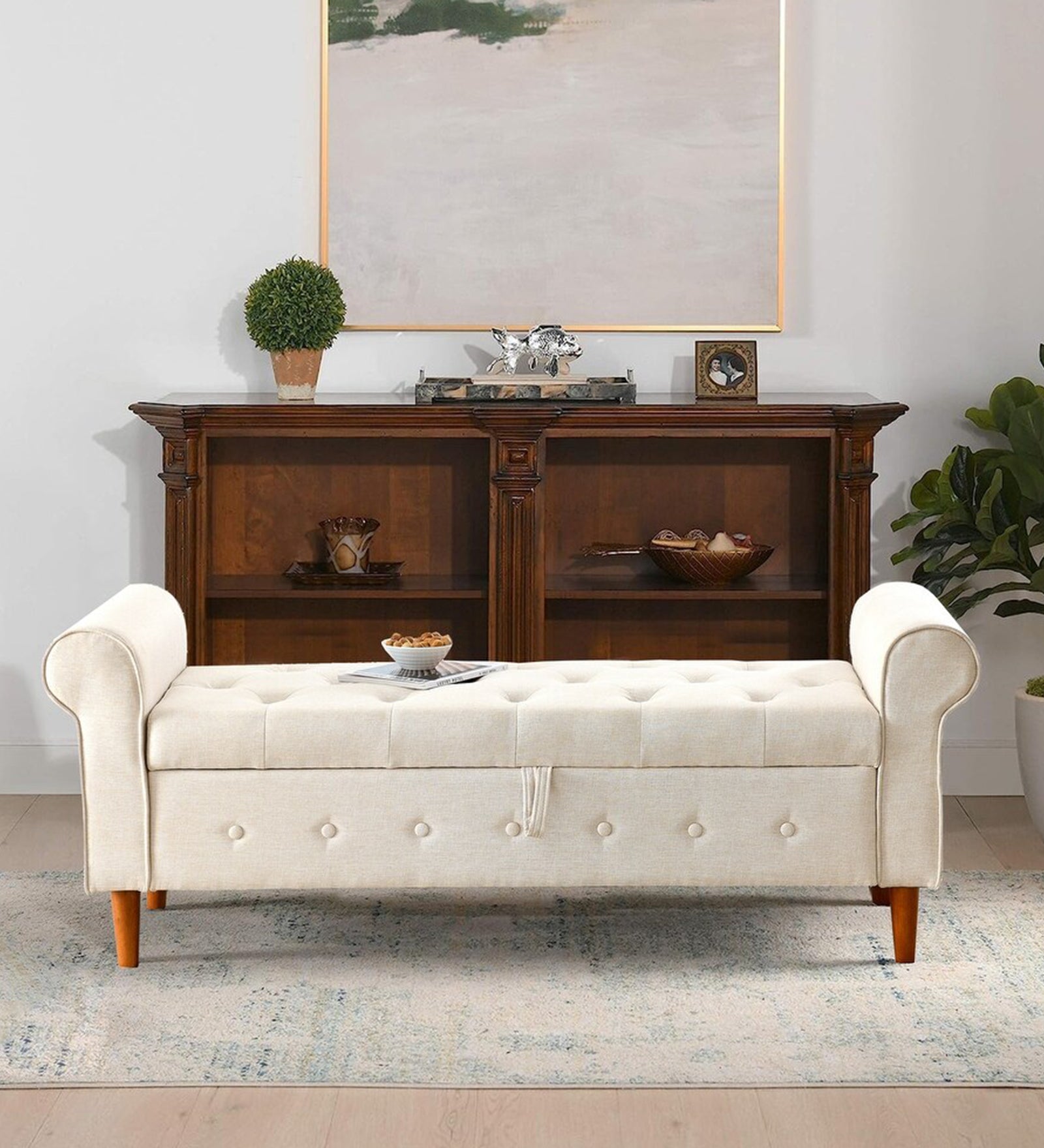 Dublin Fabric 3 Seater Recamier In Ivory Beige Colour With Storage - Febonic Living