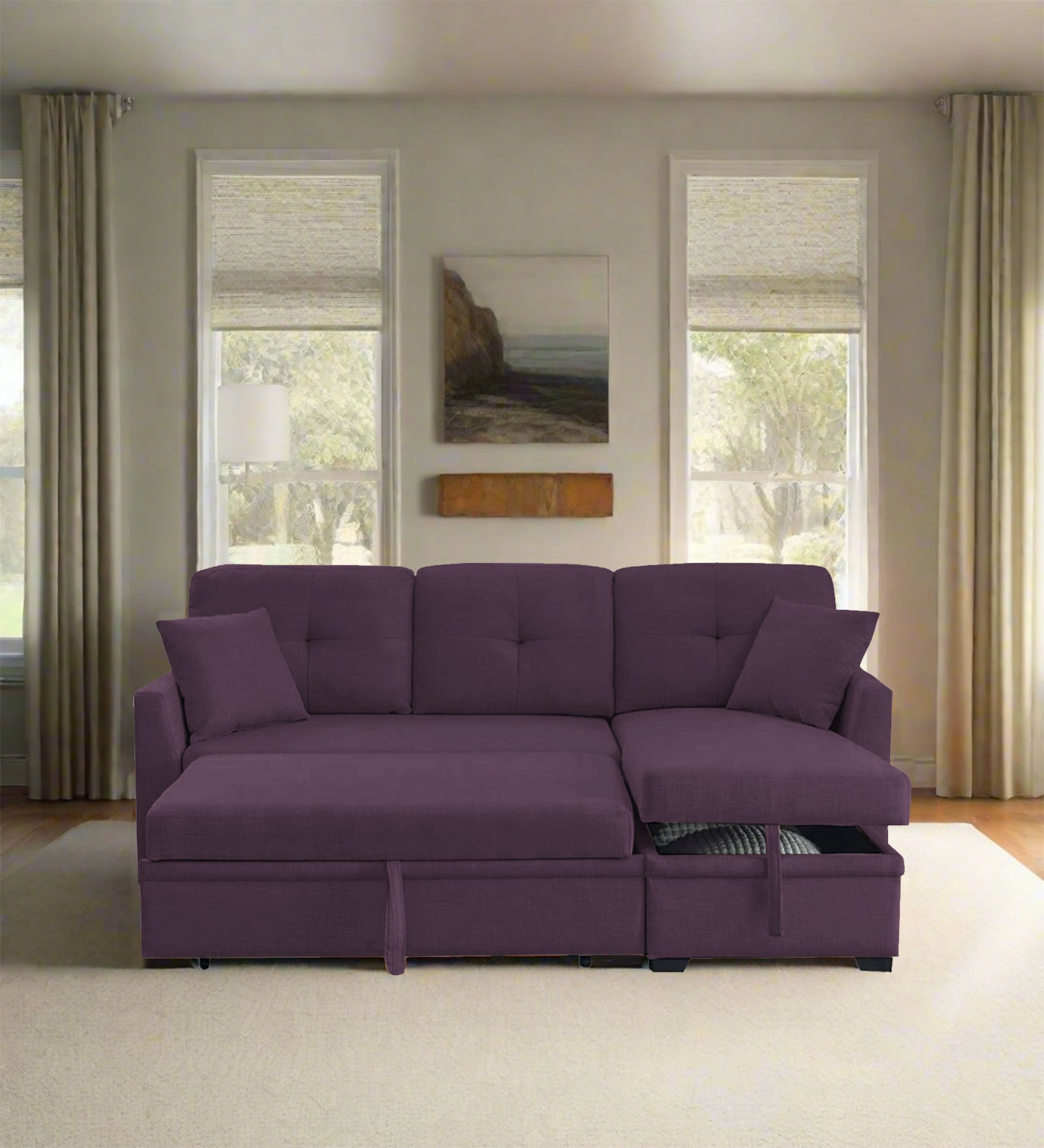 Jody Fabric 3 Seater Pull Out Sofa Cum Bed In Greek Purple Colour With Storage - Febonic Living