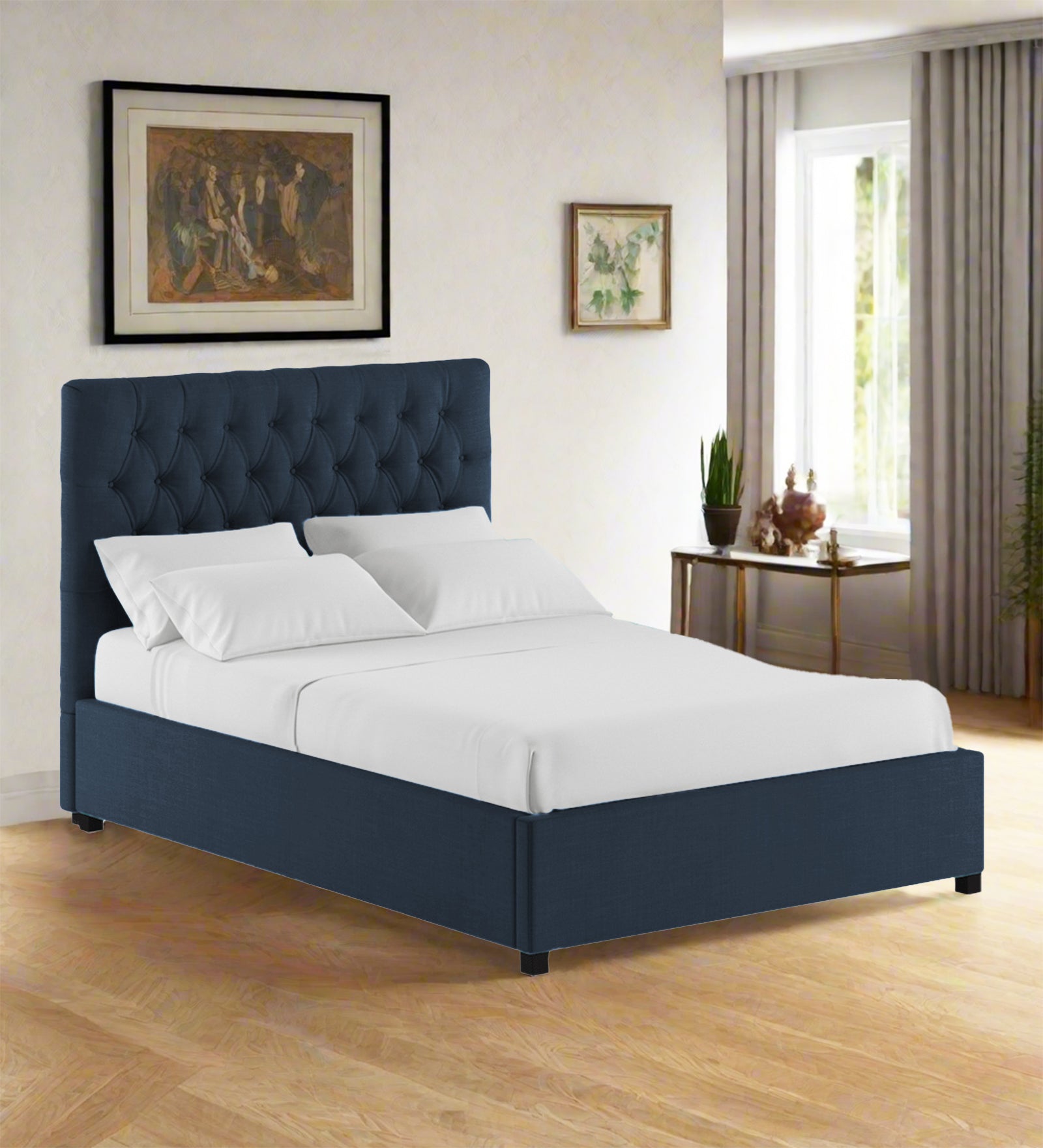Isko Fabric King Size Bed In Denim Blue Colour With Storage Box - Febonic Living