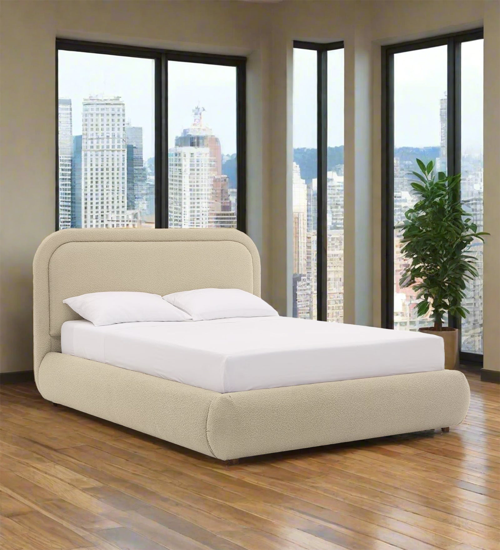 Nemo Boucle Fabric Queen Size Bed in Shell White Colour - Febonic Living