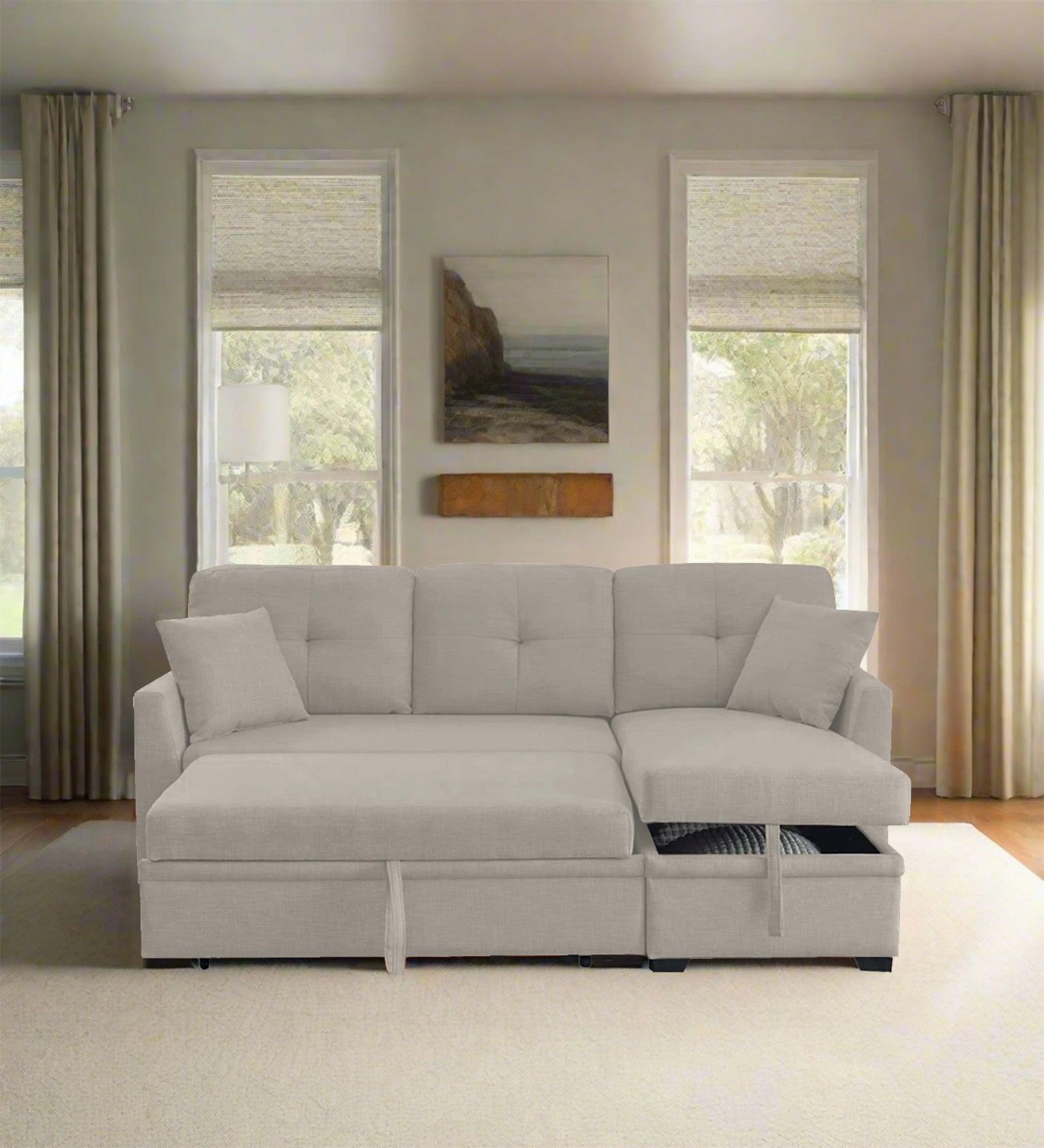 Jody Fabric 3 Seater Pull Out Sofa Cum Bed In Ash Grey Colour With Storage - Febonic Living