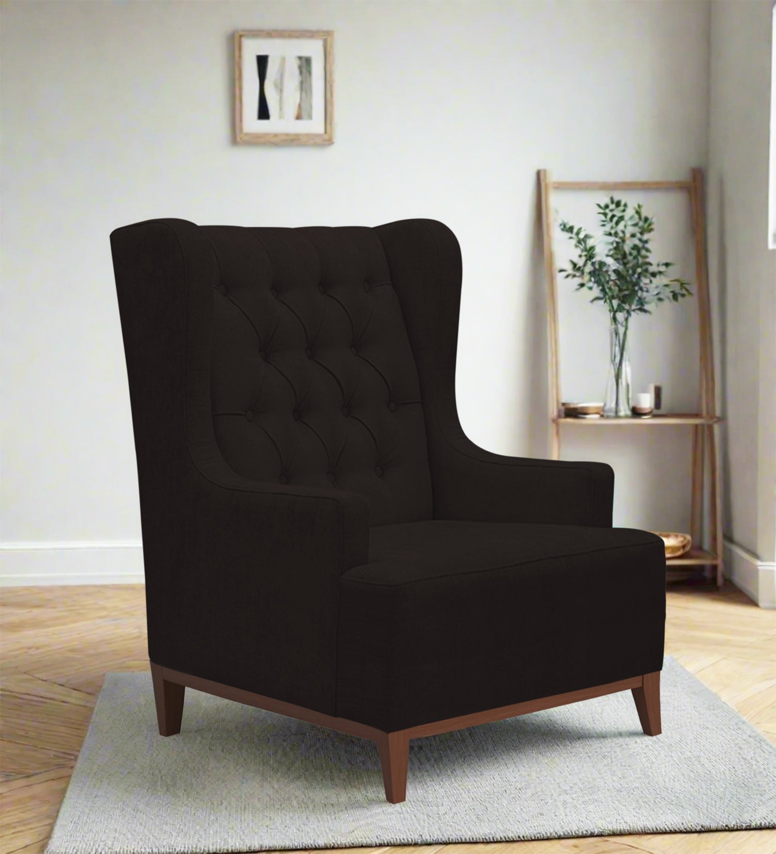 Kuchi Fabric Wing Chair In Cara Brown Colour - Febonic Living