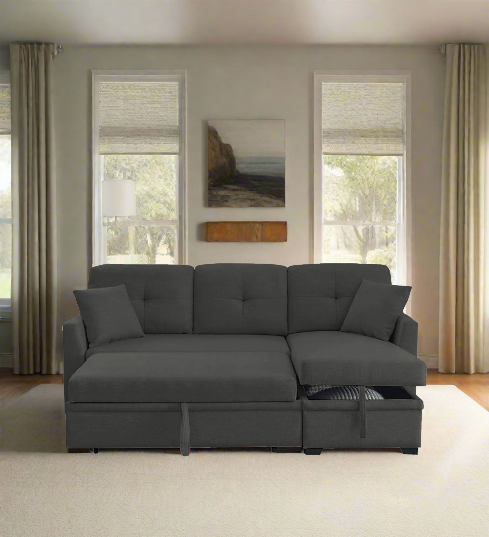 Jody Fabric 3 Seater Pull Out Sofa Cum Bed In Charcoal Grey Colour With Storage - Febonic Living