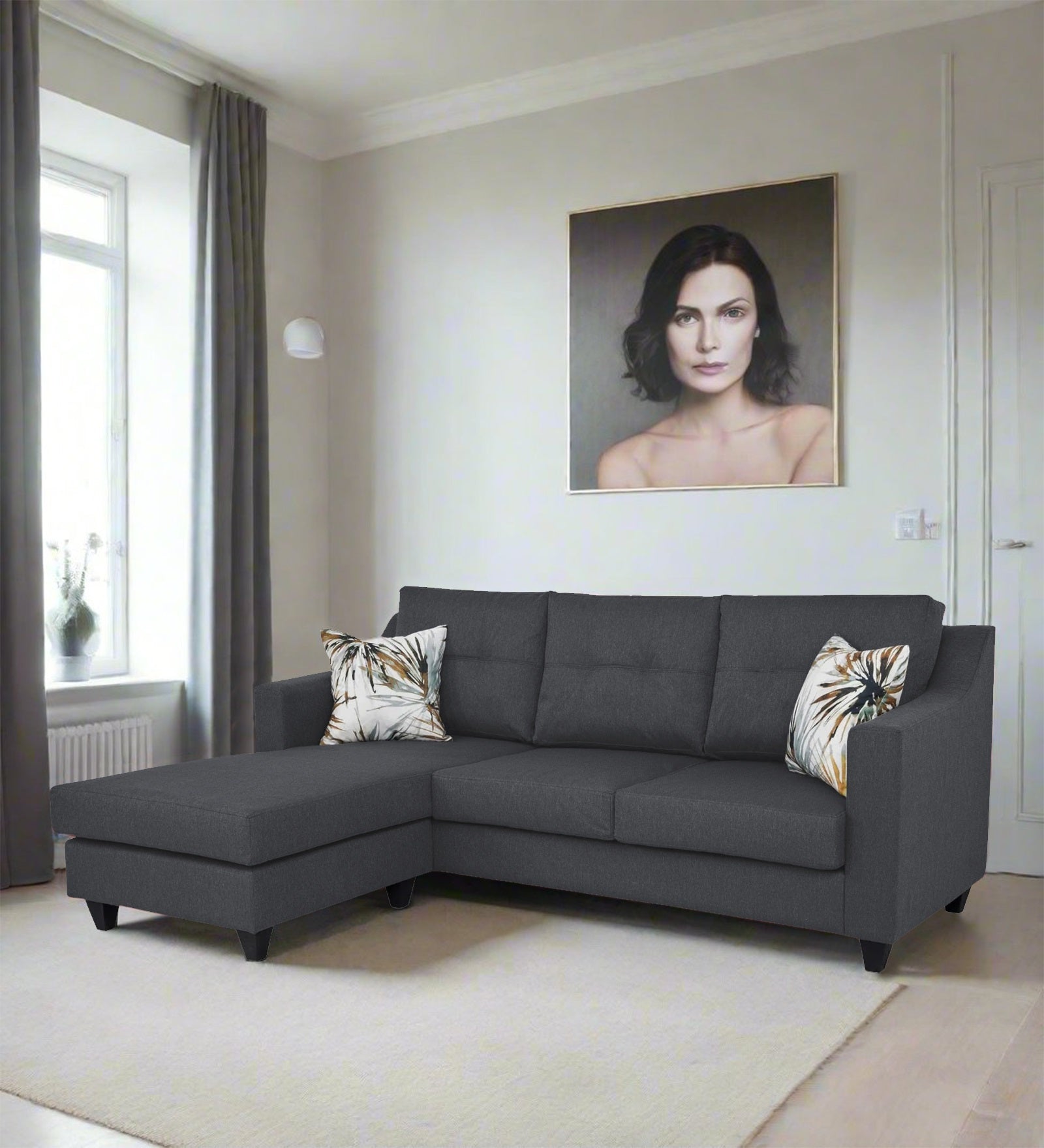 Welly Fabric RHS Sectional Sofa (2+Lounger) In Maba Grey Colour - Febonic Living