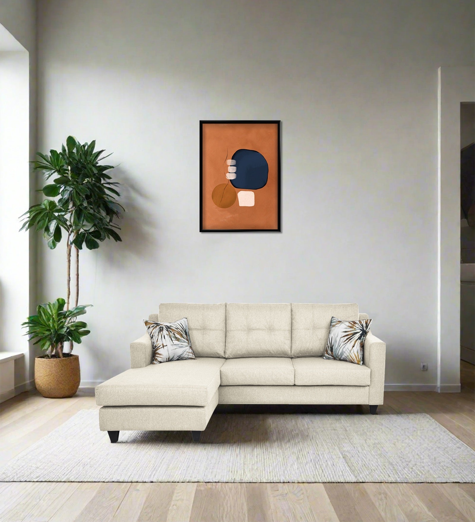 Welly Fabric RHS Sectional Sofa (2+Lounger) In Ivory Cream Colour - Febonic Living
