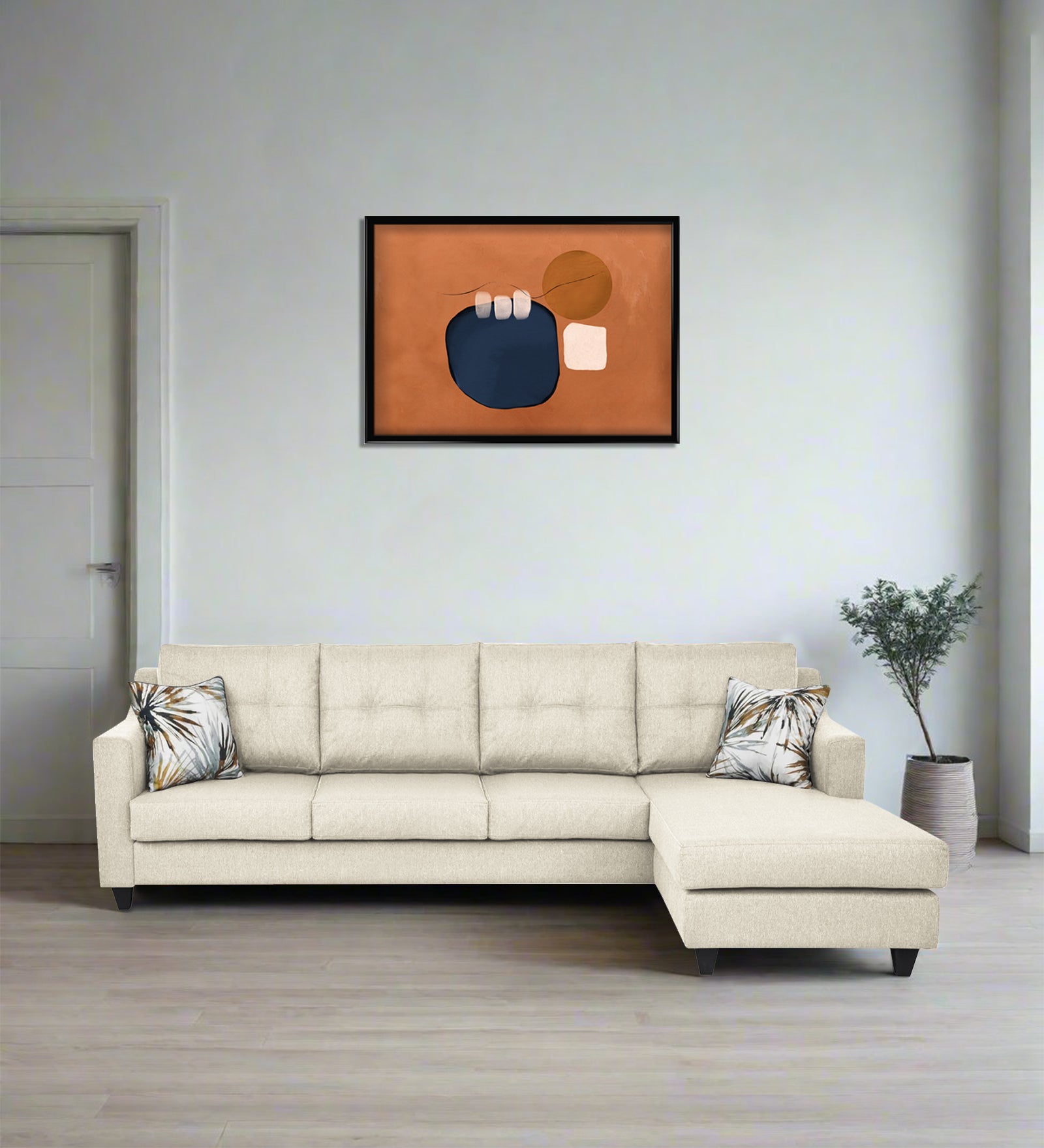 Welly Fabric LHS Sectional Sofa (3+Lounger) In Ivoery Cream Colour - Febonic Living
