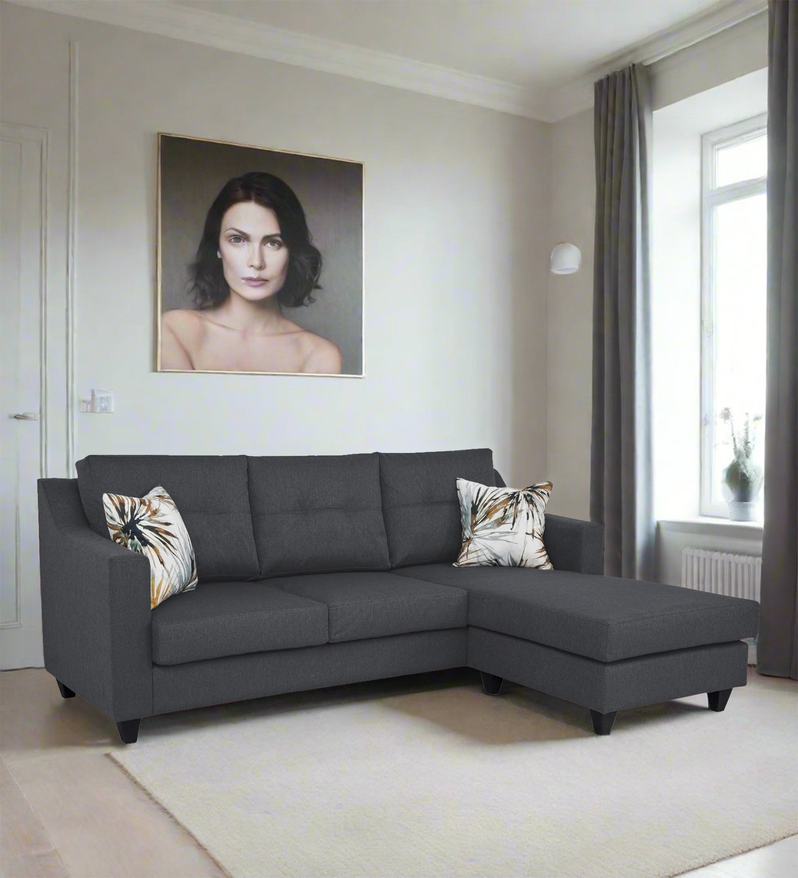 Welly Fabric LHS Sectional Sofa (2+Lounger) In Maba Grey Colour - Febonic Living