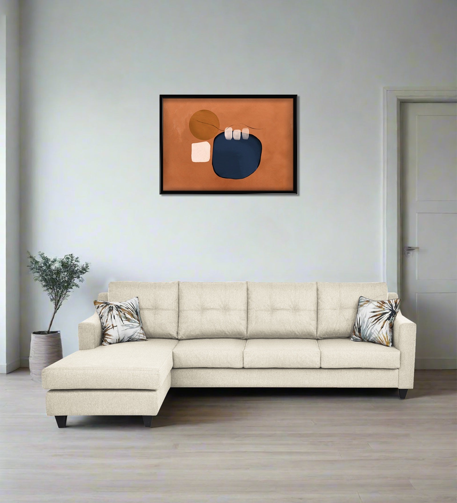 Welly Fabric RHS Sectional Sofa (3+Lounger) In Ivory Cream Colour - Febonic Living