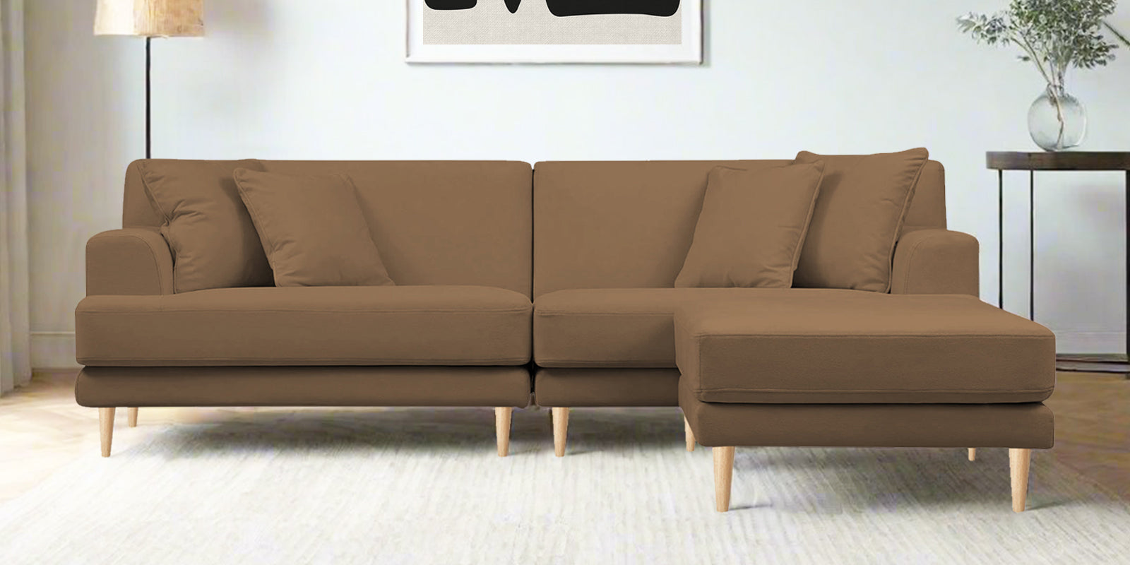 Woody Fabric LHS Sectional Sofa (3+Lounger) In Dusty peach Colour - Febonic Living