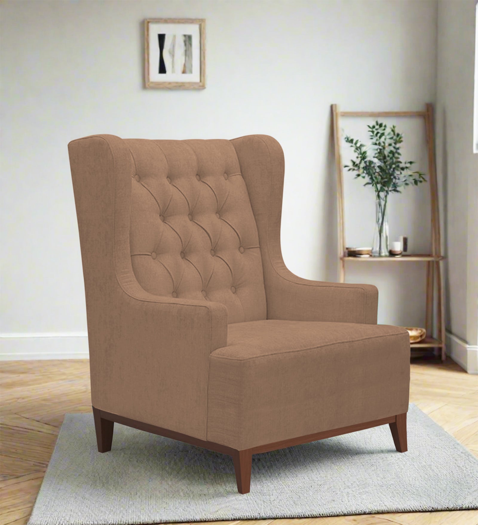 Kuchi Fabric Wing Chair In Cosmic Beige Colour - Febonic Living
