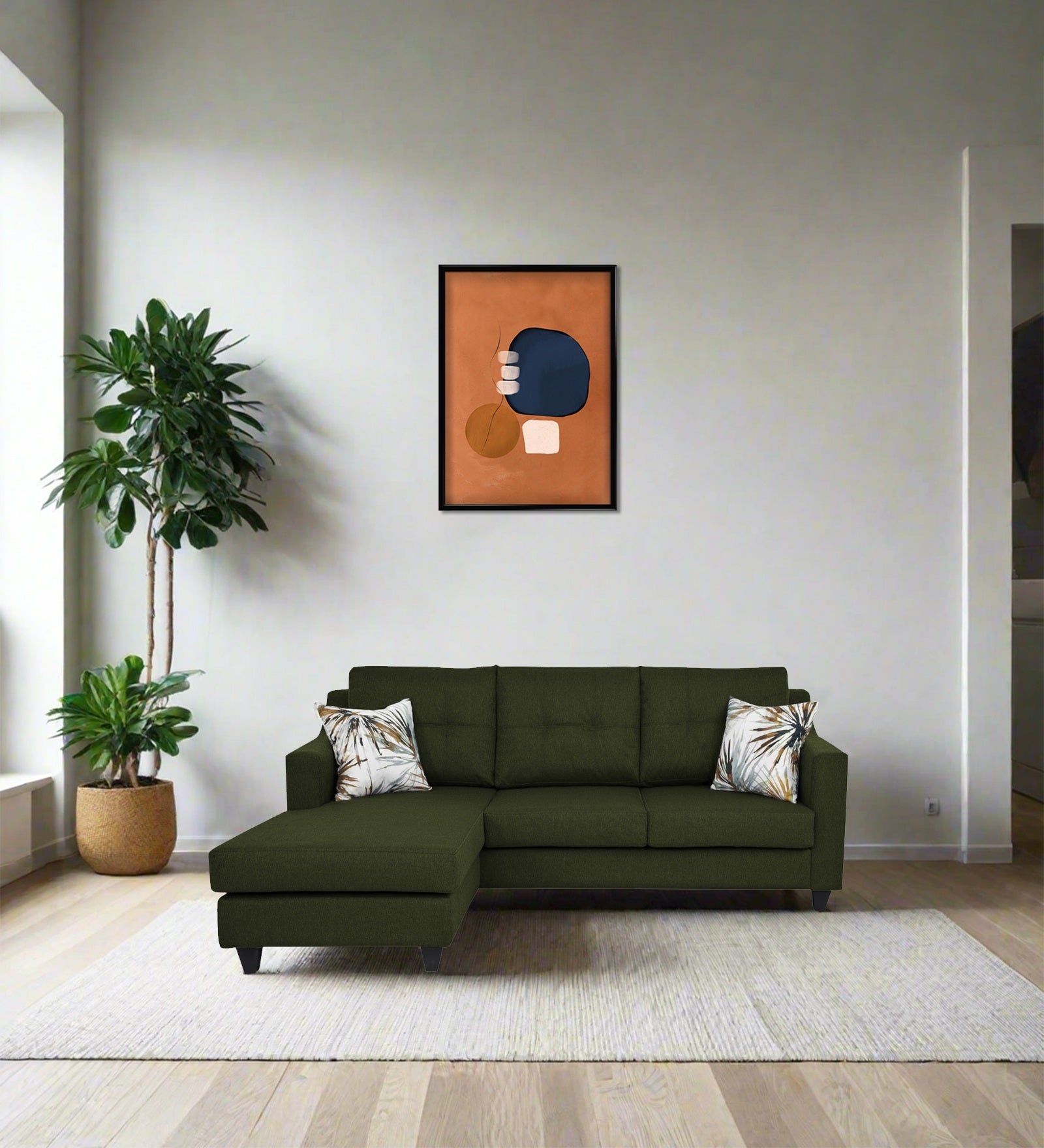 Welly Fabric RHS Sectional Sofa (2+Lounger) In Olive Green Colour - Febonic Living