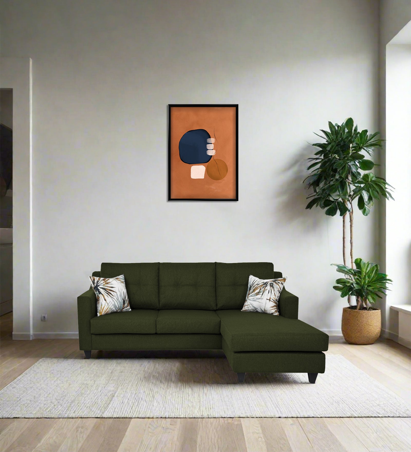 Welly Fabric LHS Sectional Sofa (2+Lounger) In Olive Green Colour - Febonic Living