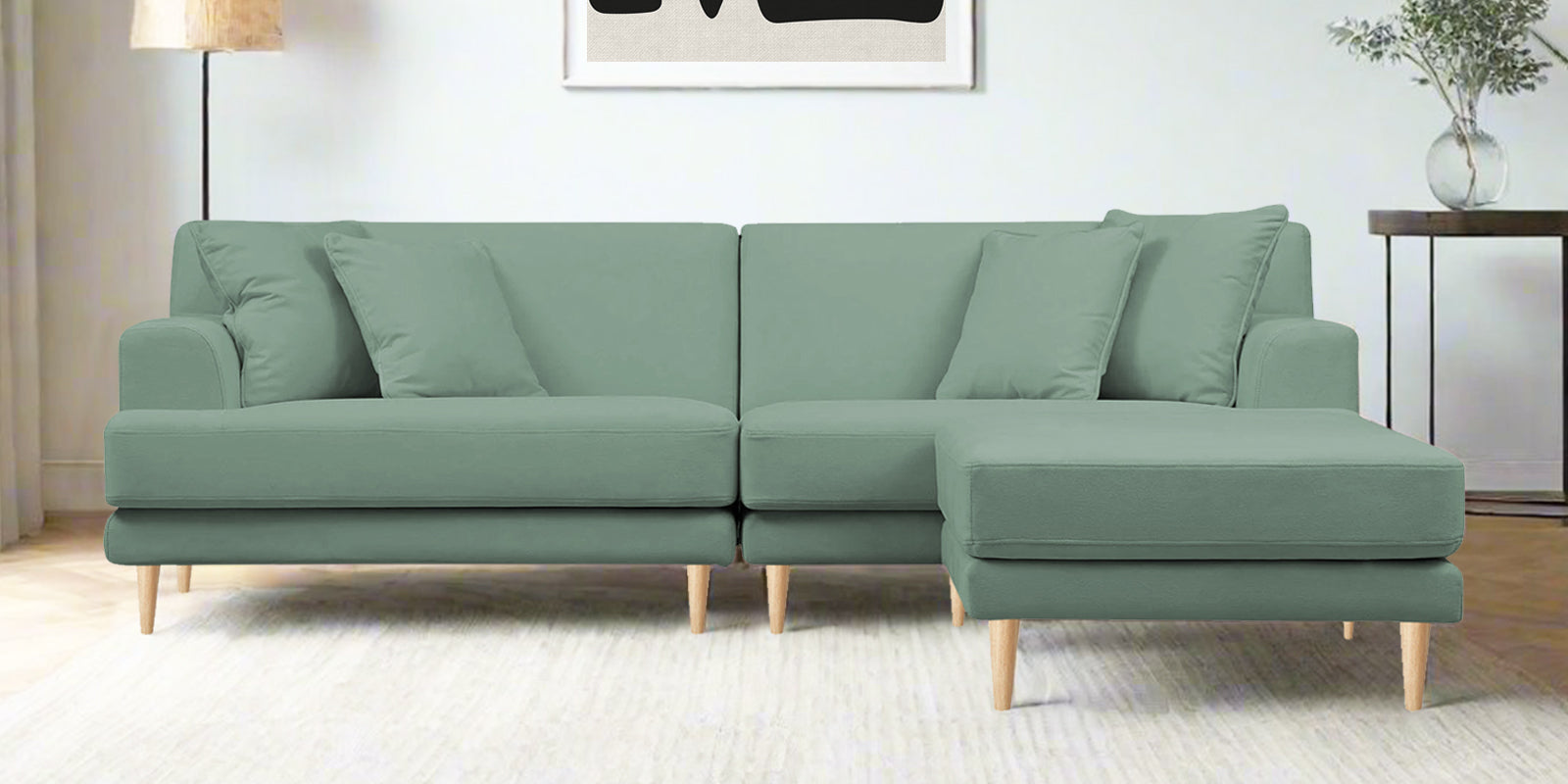 Woody Fabric LHS Sectional Sofa (3+Lounger) In Mist Blue Colour - Febonic Living