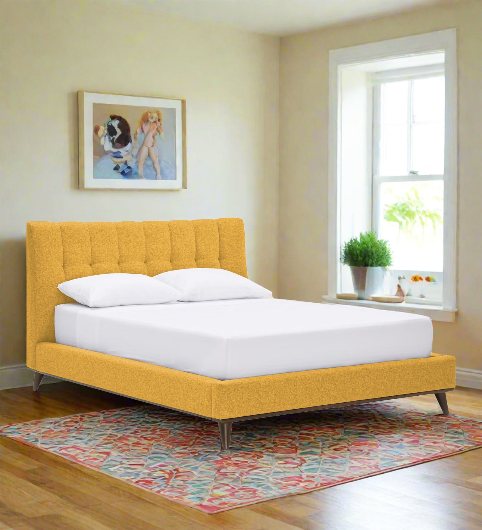Jasmin Fabric Upholstered Queen Bed in Bold Yellow Colour - Febonic Living