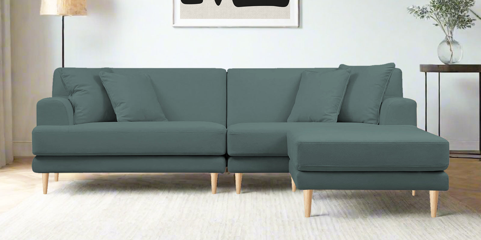 Woody Fabric LHS Sectional Sofa (3+Lounger) In Pista Green Colour - Febonic Living