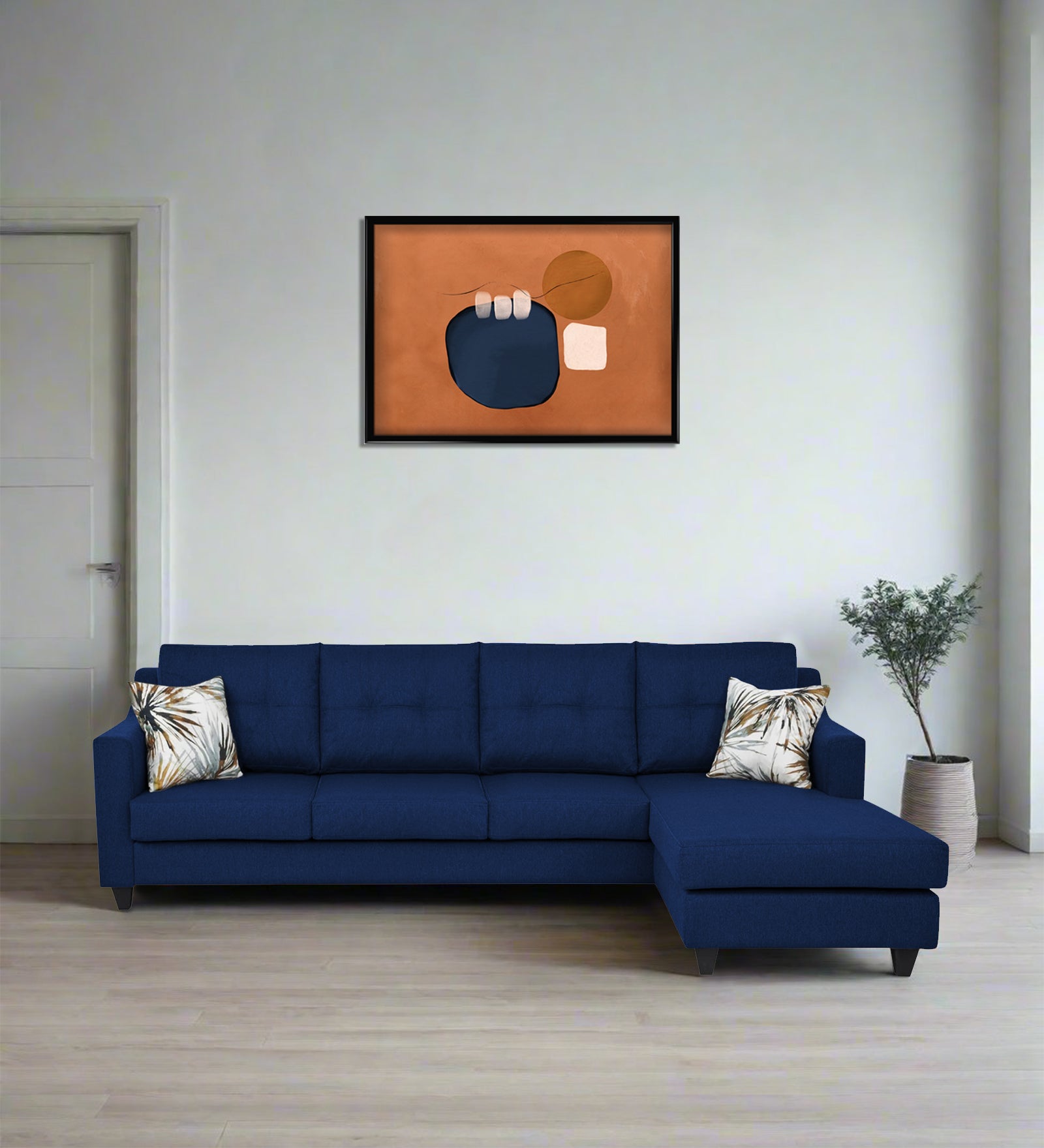 Welly Fabric LHS Sectional Sofa (3+Lounger) In Royal Blue Colour - Febonic Living