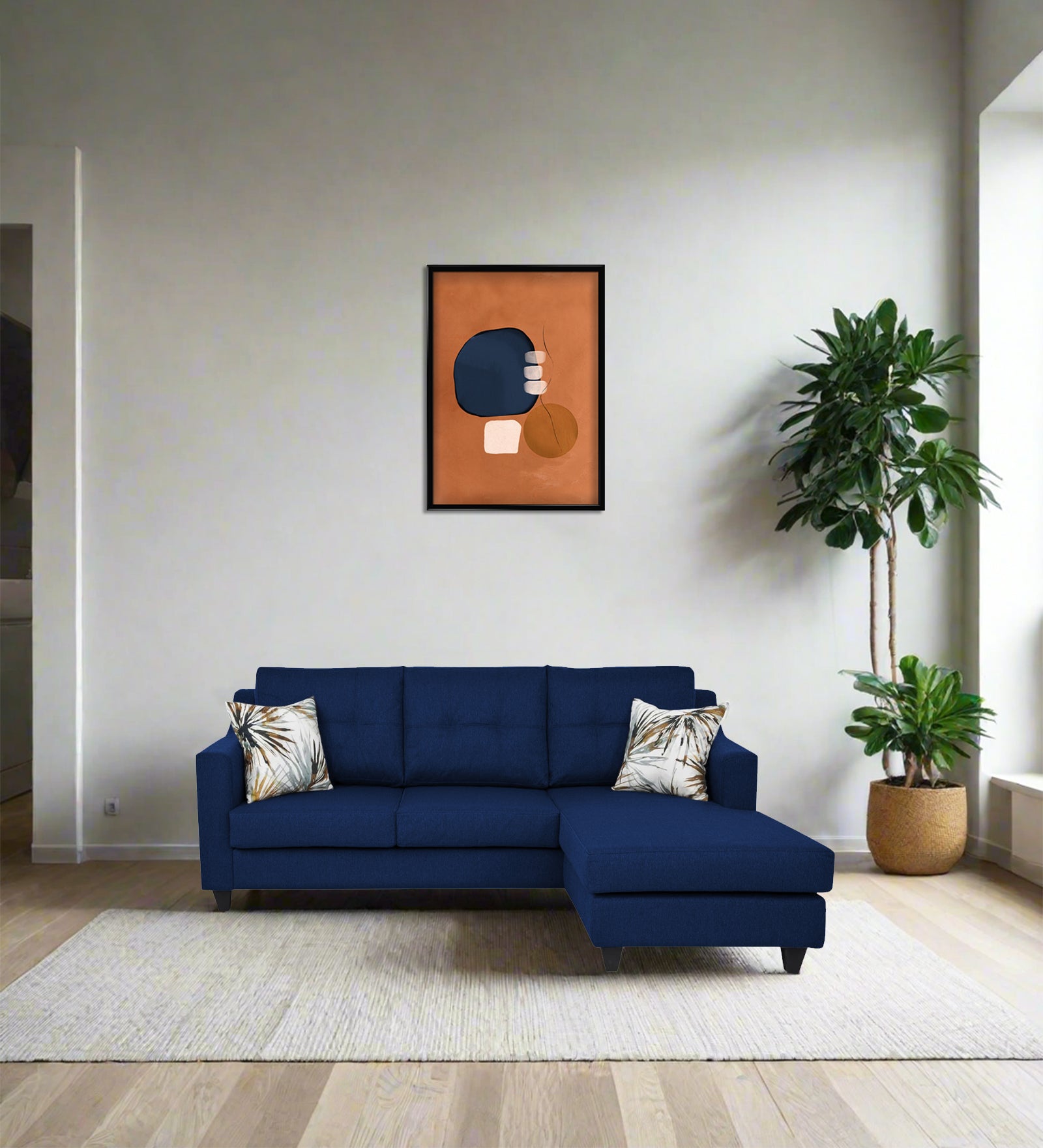 Welly Fabric LHS Sectional Sofa (2+Lounger) In Royal Blue Colour - Febonic Living