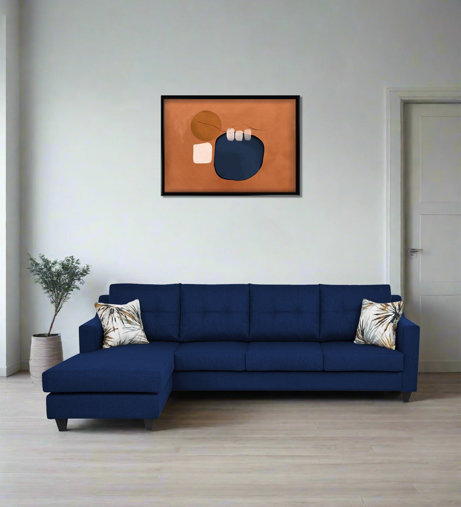 Welly Fabric RHS Sectional Sofa (3+Lounger) In Royal Blue Colour - Febonic Living