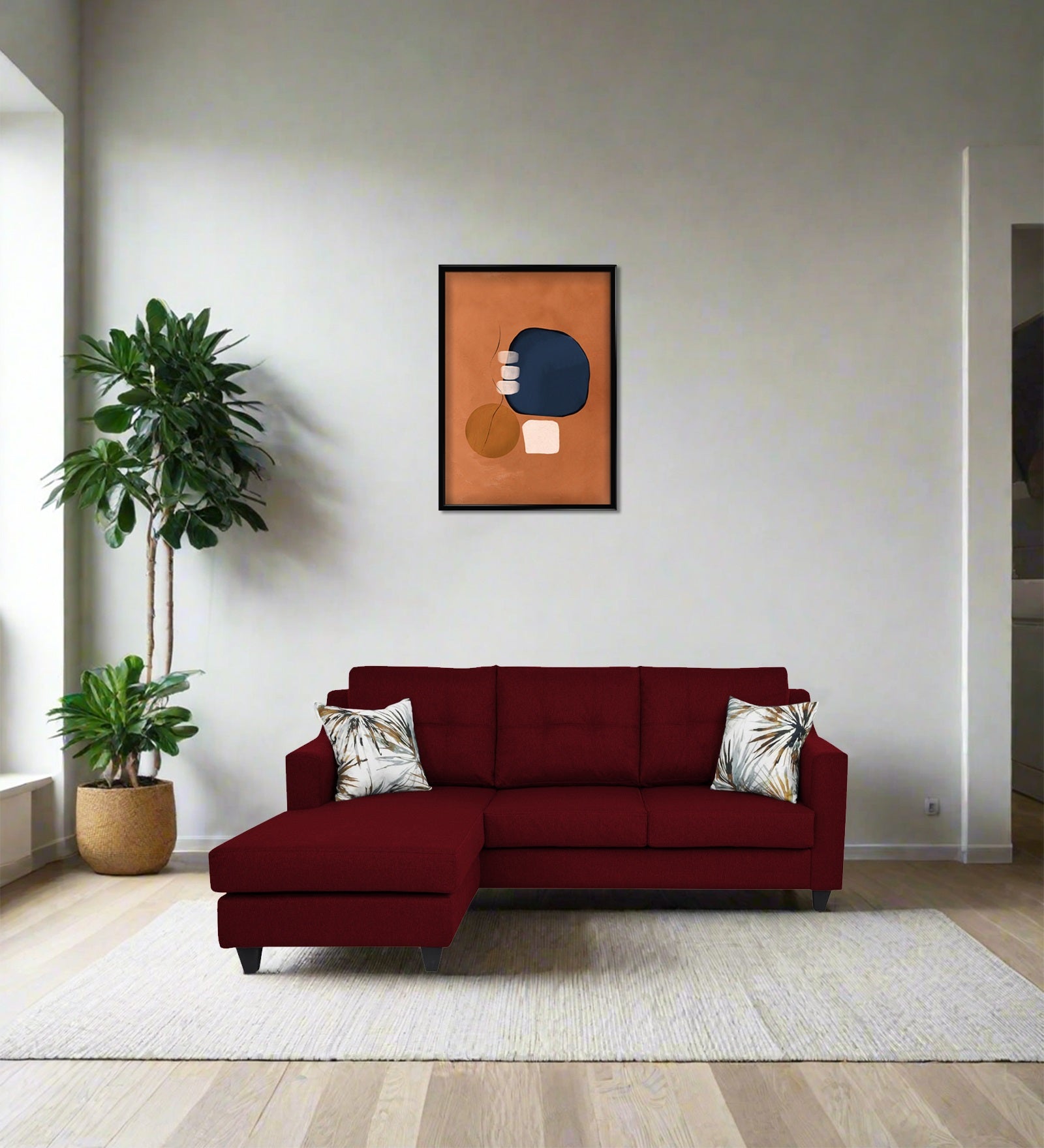 Welly Fabric RHS Sectional Sofa (2+Lounger) In Ruby Red Colour - Febonic Living