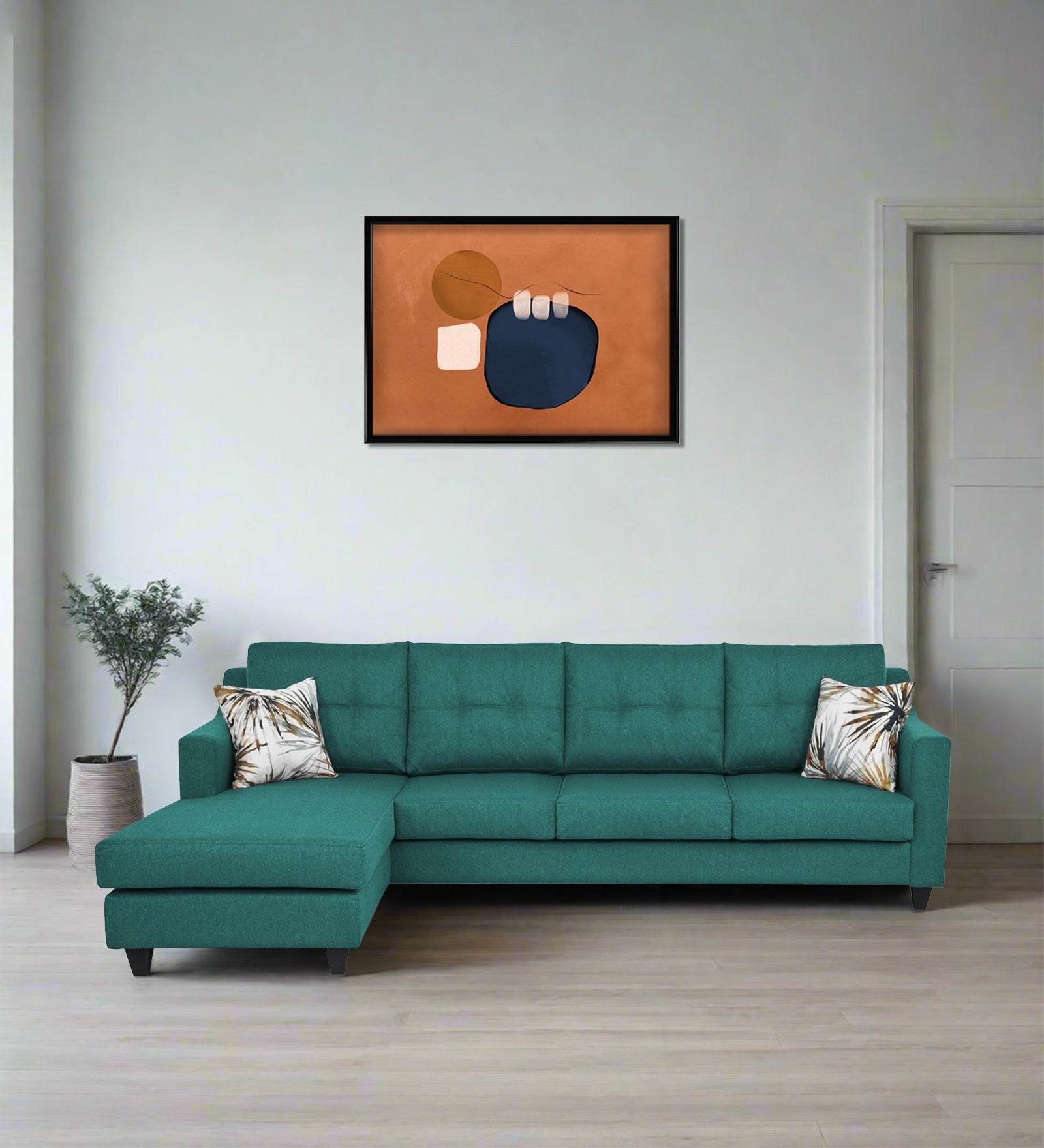 Welly Fabric RHS Sectional Sofa (3+Lounger) In Sea Green Colour - Febonic Living