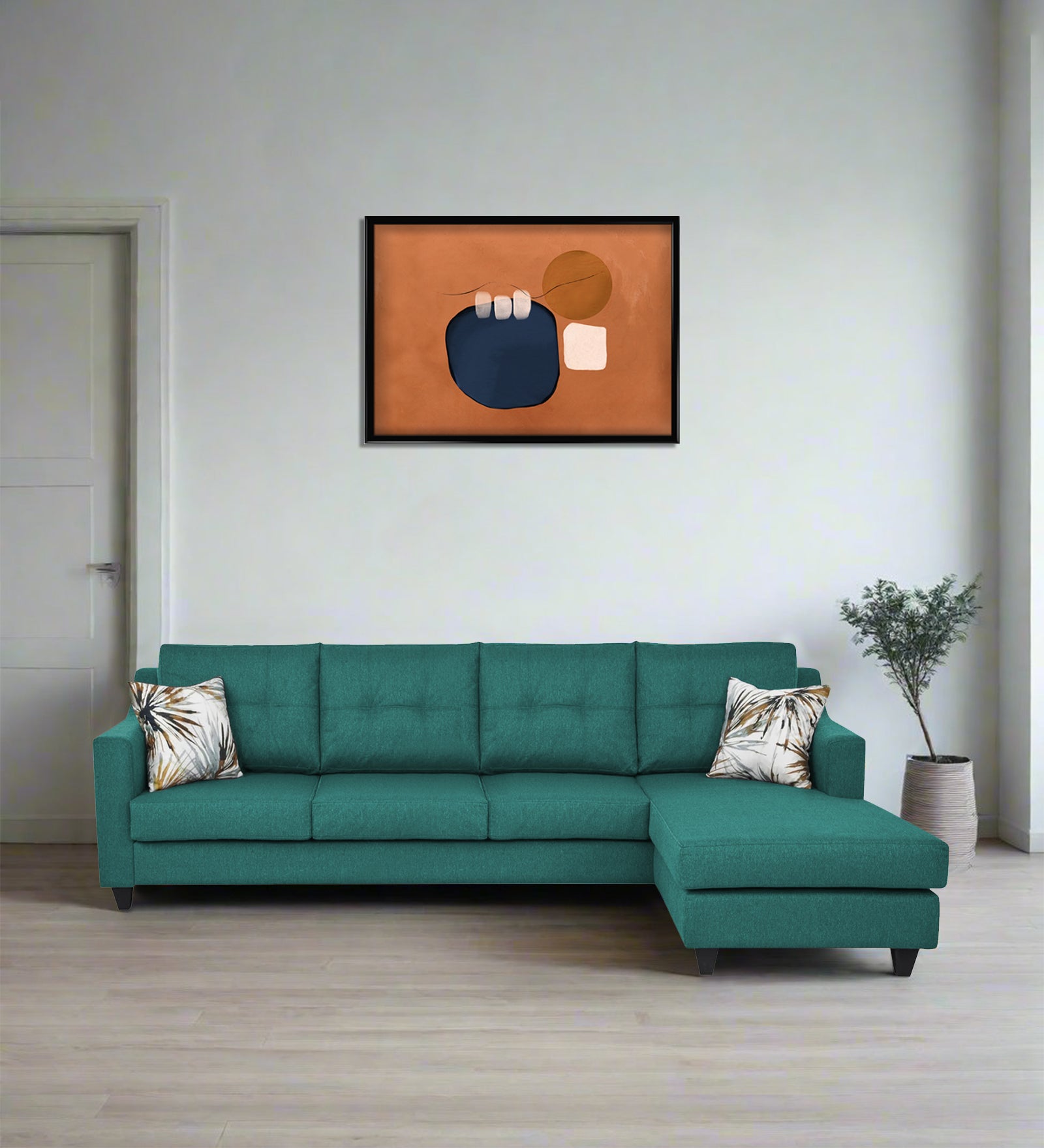 Welly Fabric LHS Sectional Sofa (3+Lounger) In Sea Green Colour - Febonic Living