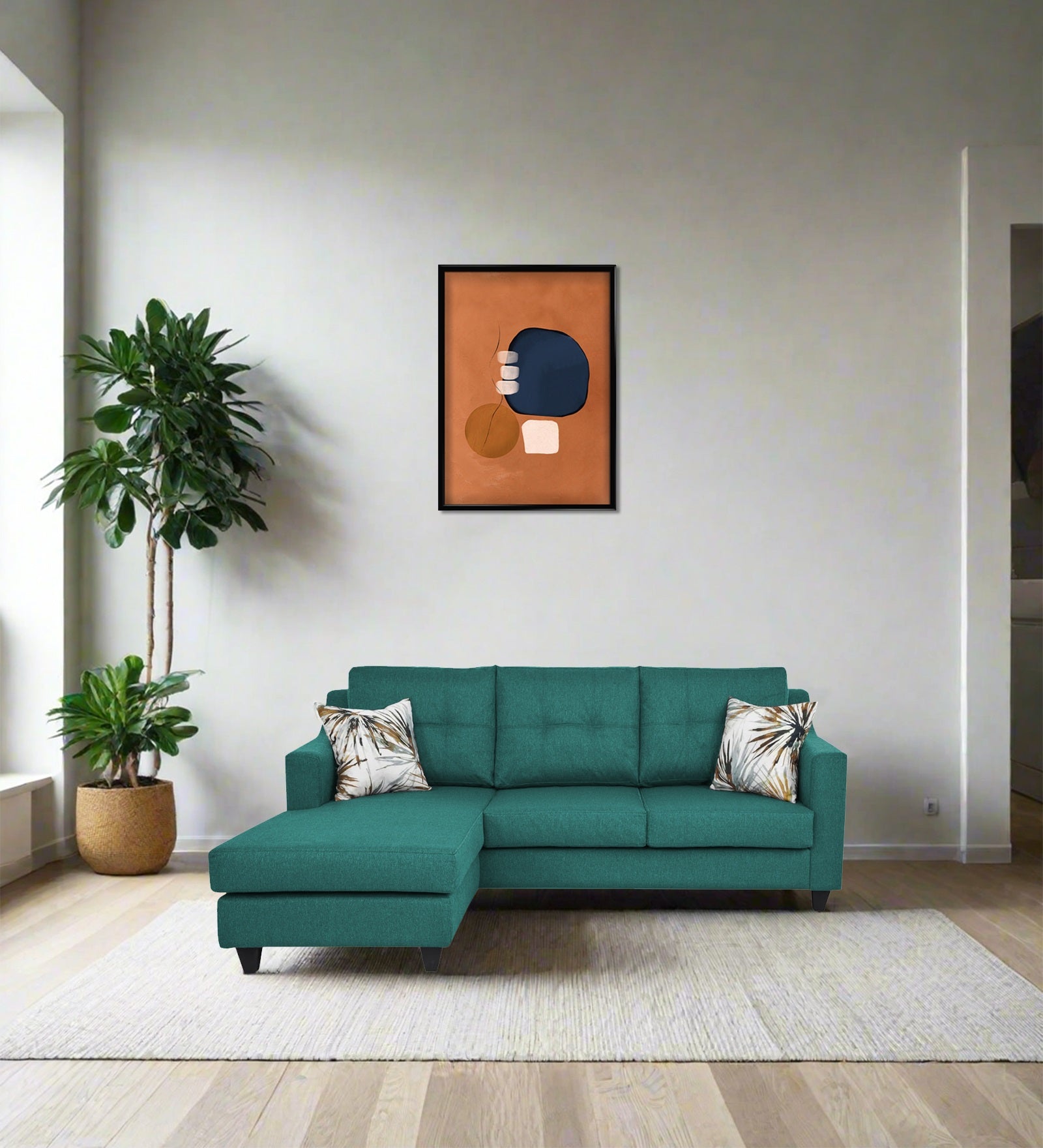 Welly Fabric RHS Sectional Sofa (2+Lounger) In Sea Green Colour - Febonic Living